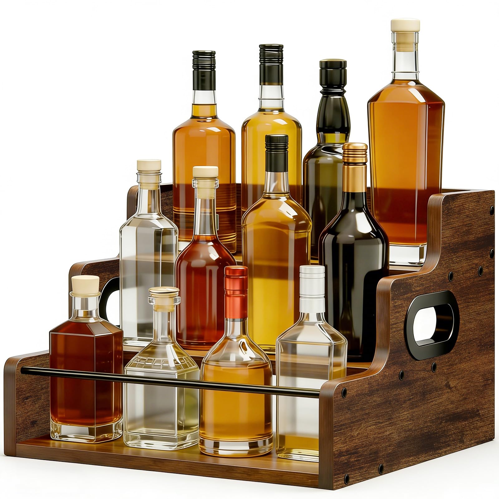 QIANBAIYI Liquor Bottle Display Shelf with Fences & Handles, 3 Step Wooden Coffee Syrup Rack Organizer, Countertop Liquor Wine Rack, Home Retro Shelf Stand for Cabinet, Bar Essentials