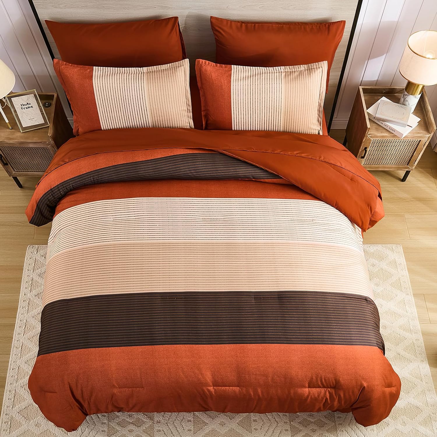 Anibedding Burnt Orange Queen Comforter Set, 7 Pieces Striped Bed in a Bag