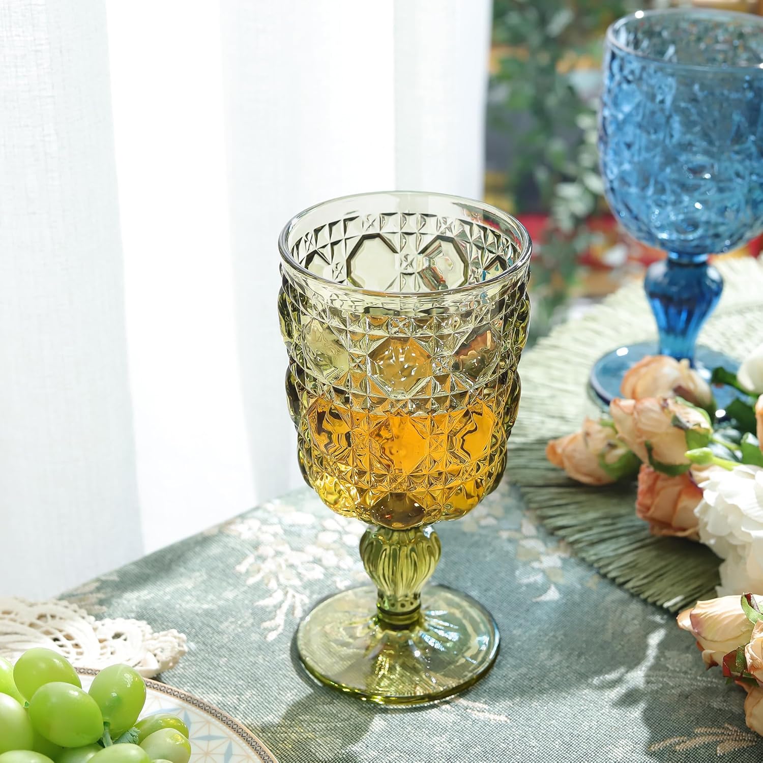 Joeyan Green Wine Glasses,Vintage Glass Wine Goblet,Embossed Colored Gemstone Stemmed Drinking Glasses,Glassware for Christmas Party Wedding,10 oz,Set of 4, Dishwasher Safe - Image 6