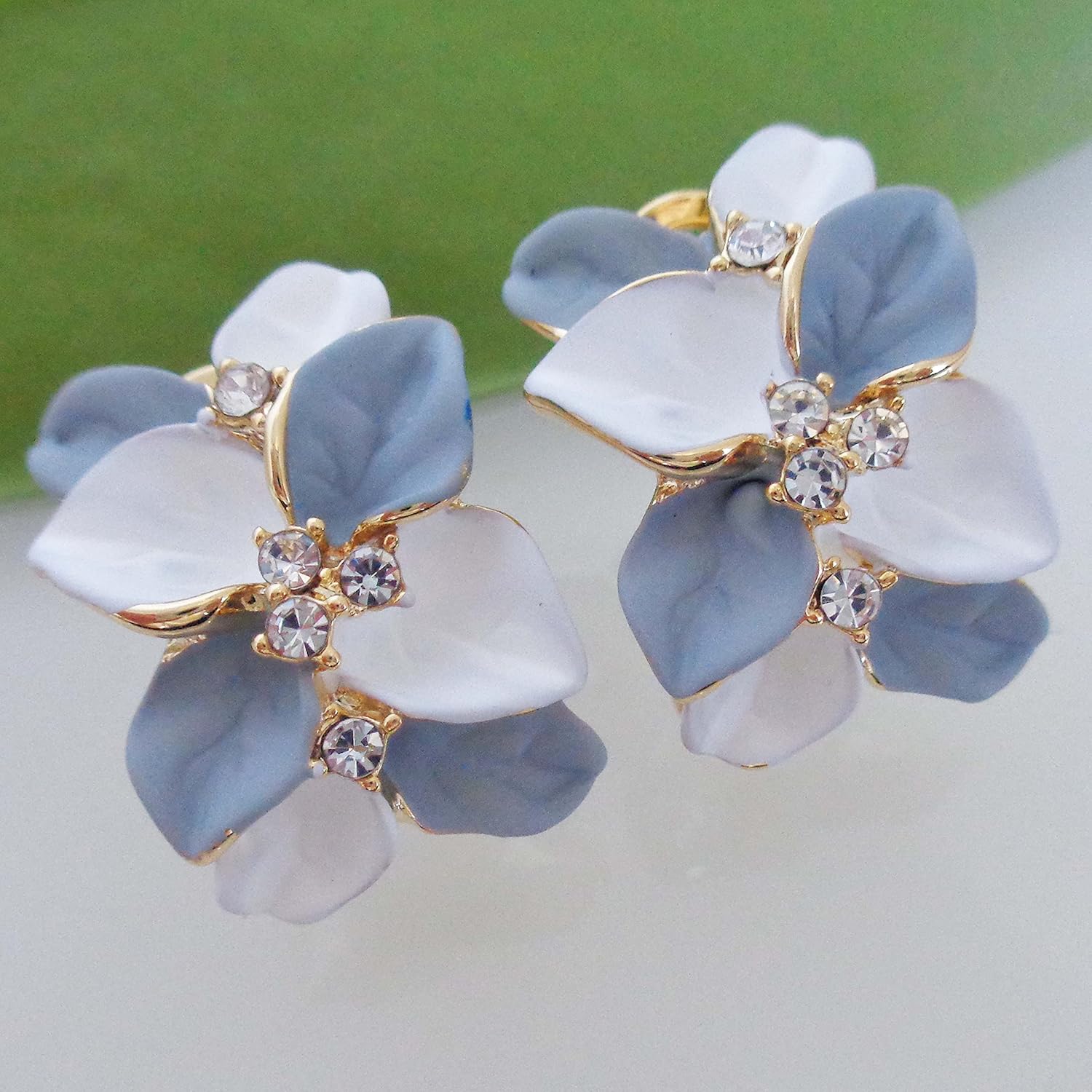 Navachi 18k Gold Plated White Crystal Double Enamel Leaves Flower Omega Back Earrings - Image 3