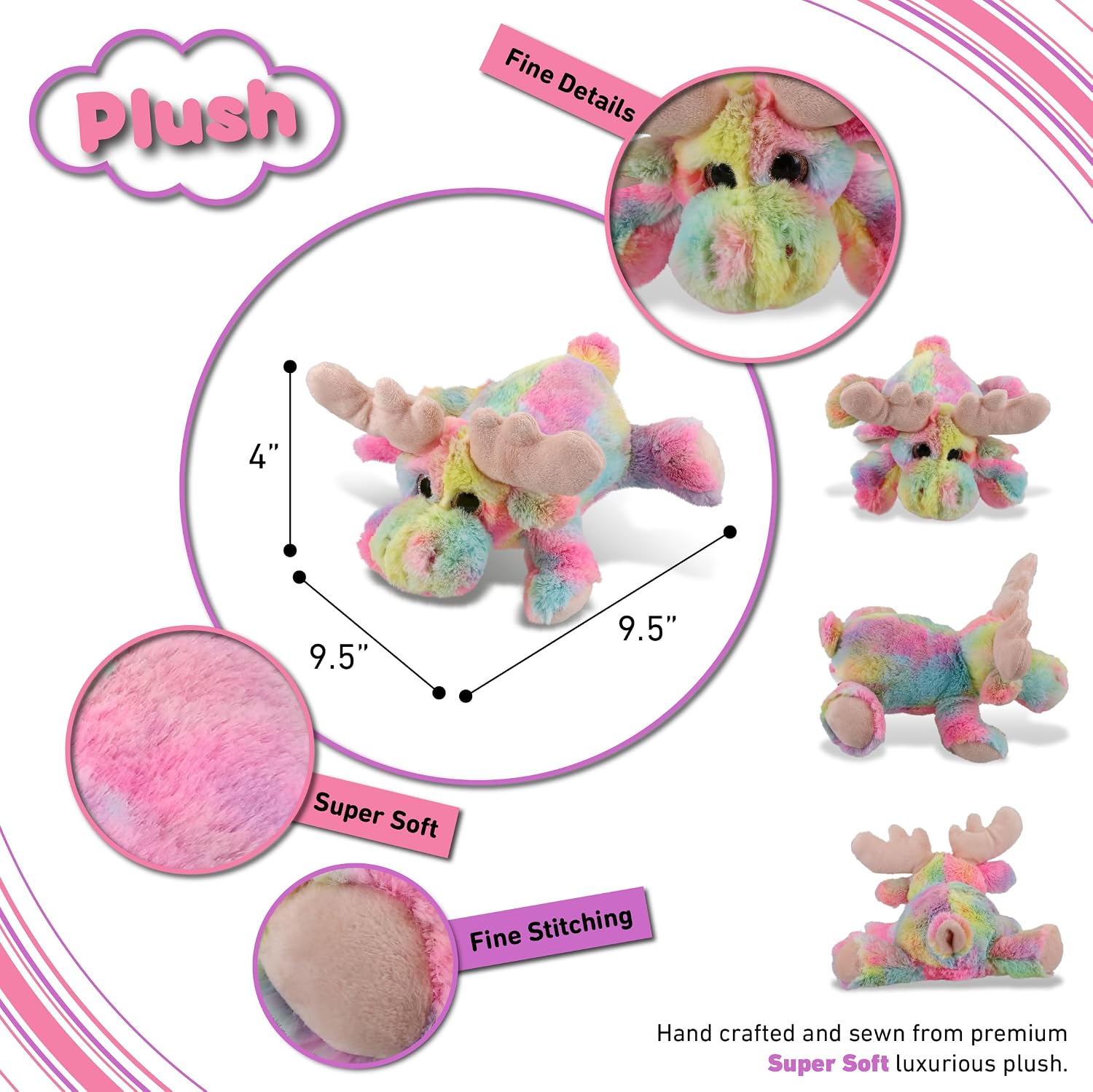 DolliBu Rainbow Lying Moose Stuffed Animal – Soft Huggable Moose Stuffed Toy, Adorable Playtime Wildlife Plush Toy, Cute Cuddle Gifts for Kids and Adults – 9 Inch