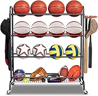 EXTCCT 4-Tier Rolling Basketball Rack with Wheels, Hooks & Baskets - Stores 16 Balls, Footballs, Volleyballs | Garage Organizer