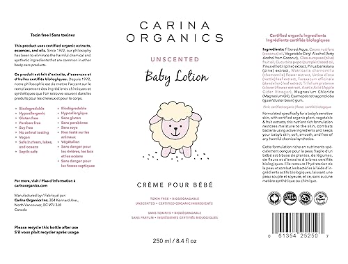 Miniatura 2 de Carina Organics Loción extra suave para bebé, orgánica y natural, para pieles sensibles, todo el cuerpo, 8 onzas líquidas