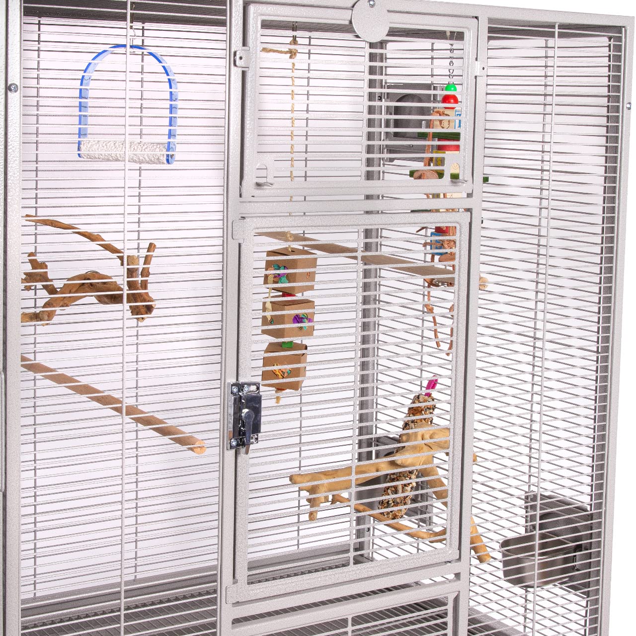 Premium Vogelkäfig New Madeira Double für Finken, Sittiche, 6 Lenkrollen, 4 Edelstahlnäpfe, AVILON Pulverbeschichtet, (Madeira Single + Anbaukit) | ca. 165 x 56 x 158cm