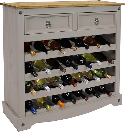 Sunnydaze Mesa de estante de vino de pino macizo de 34.5 pulgadas de alto con 28 botellas, cuatro filas de 7 botellas, 2 cajones, tiradores de cajón