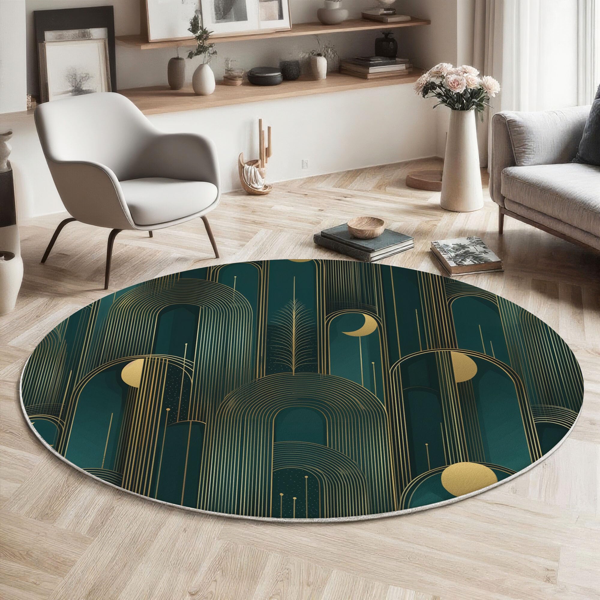 Tapis Rond Antidérapant 180cm, Doux Moelleux Lune Lignes Dorées Imprimé Style Art Déco Lavable Poil Bas Cyan Foncé Tapis de décoration, pour Décoration Salle à Manger Chambre Canapé