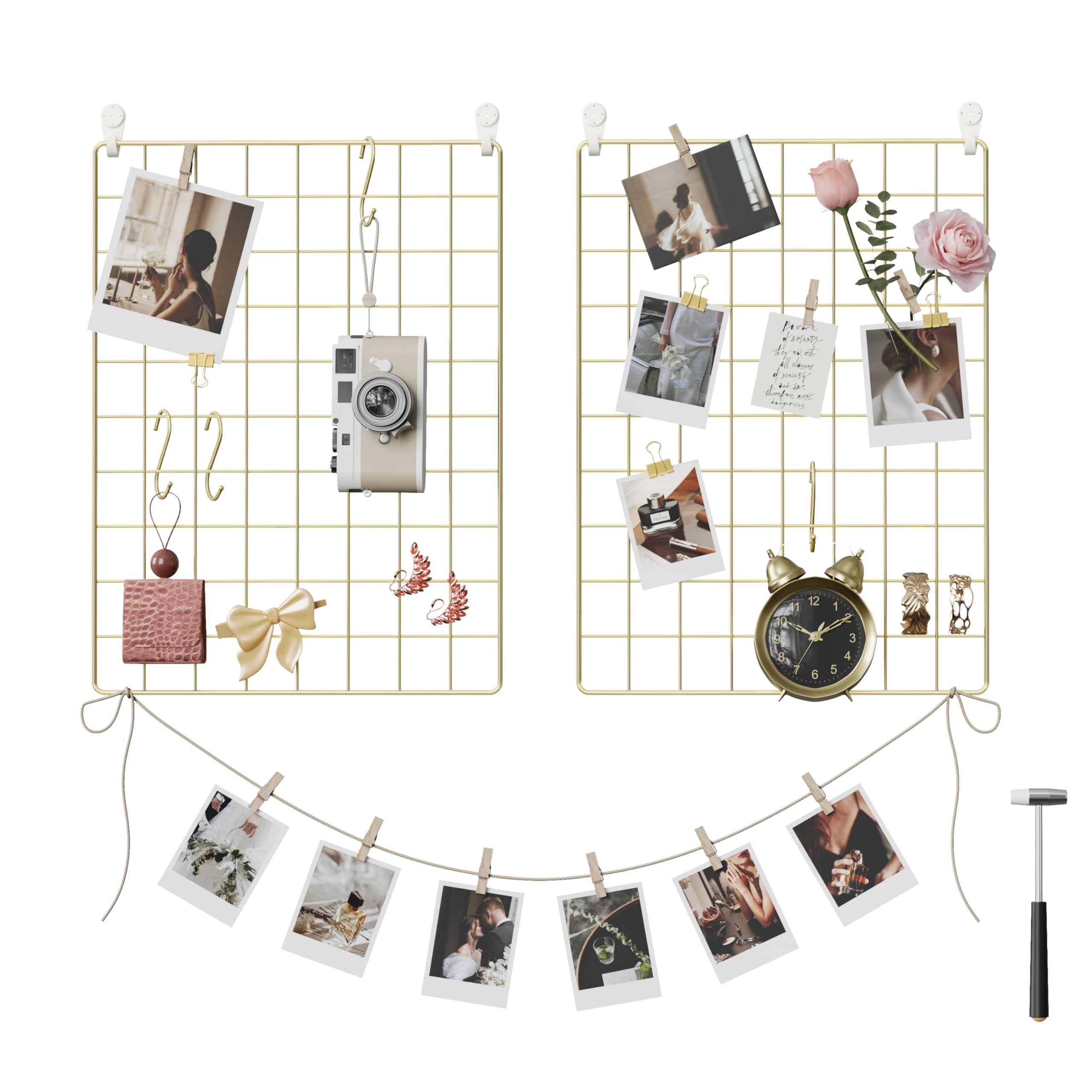 SONGMICS Wall Grid for Photo, Metal Wall Grid Panel, DIY Wire Photo Hanging Display, Set of 2, with S Hook, Clip, Hemp Cord, 16.5 x 12.2 Inches, Golden ULPP01GD