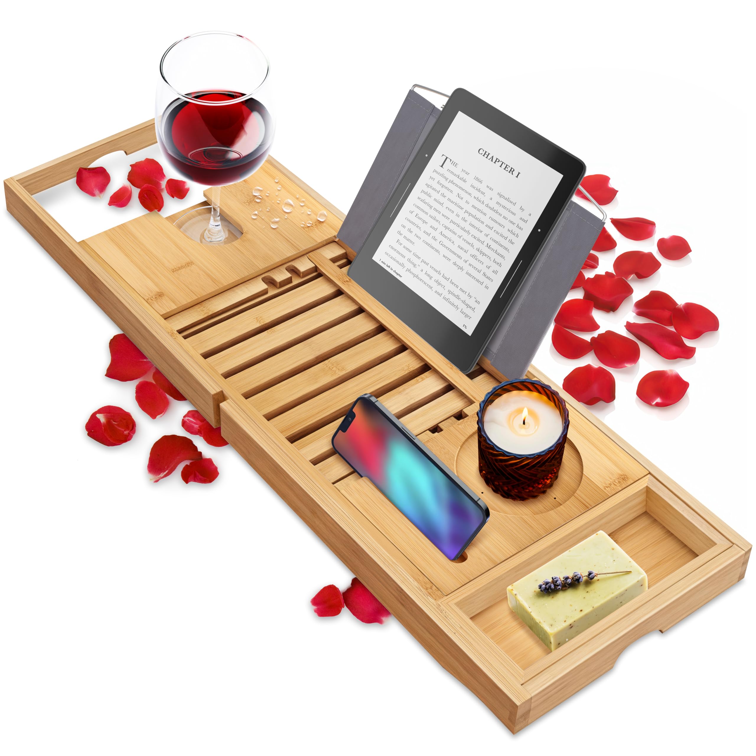 Luxury Bamboo Bathtub Caddy Tray - Adjustable Natural Wood Bath Tub Organizer with Wine Holder, Cup Placement, Soap Dish, Book Space & Phone Slot for Spa, Bathroom & Shower - SereneLife SLBCAD20