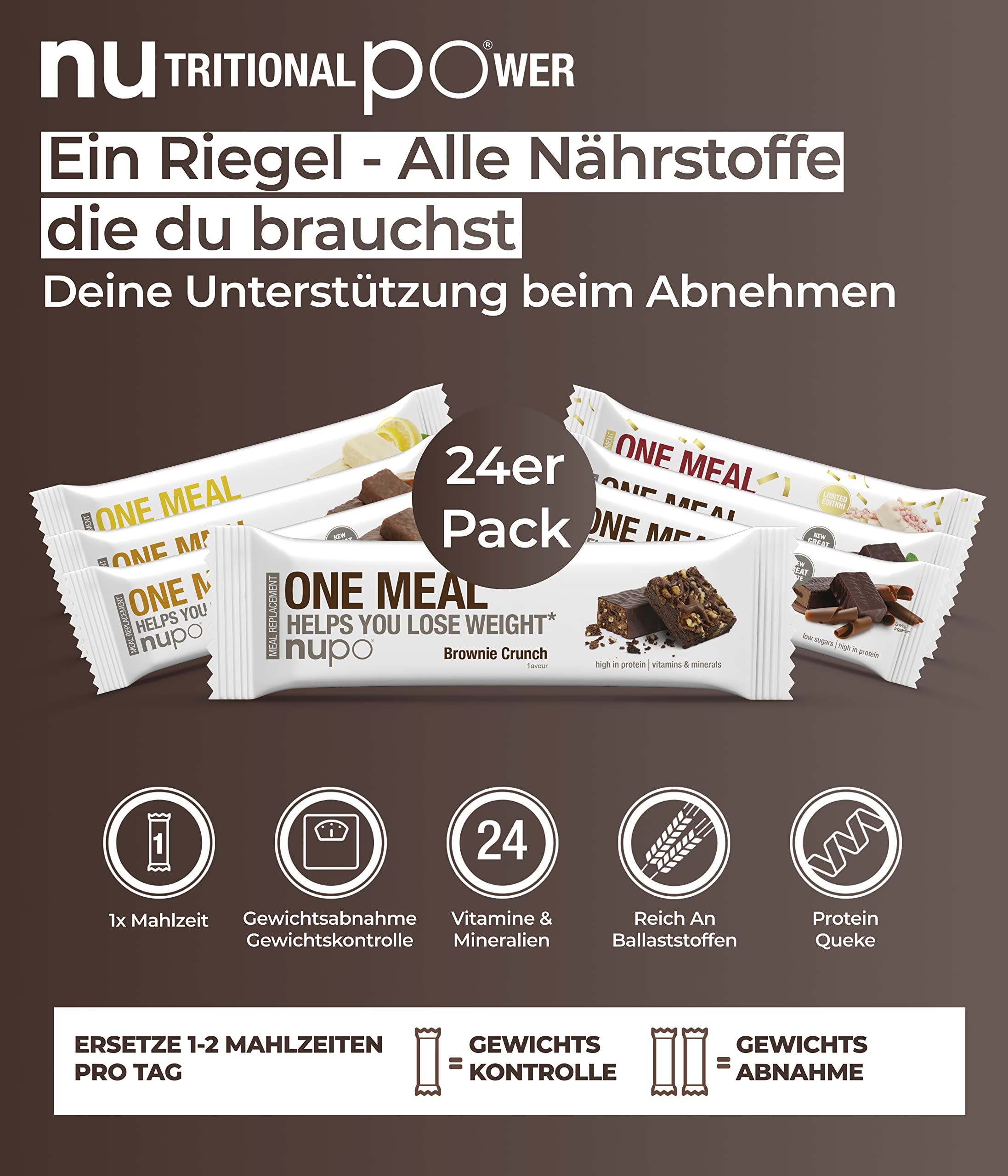 NUPO® One Meal Bar [Brownie Crunch - 24 Stk.] - Mit Nährstoffen, Vitamine & Mineralien - Diät Riegel Snack zum abnehmen - Fitness low carb Riegel - Mahlzeitenersatz Riegel - Diet Riegel