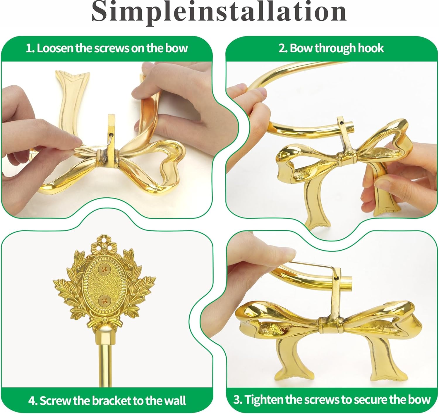 Elegant Handmade Brass Curtain Holdbacks, Gold Bow Tiebacks for Drapes - Vintage Ribbon Style Decorative Wall Hooks, Heavy Duty Drapery Hooks for Living Room & Bedroom