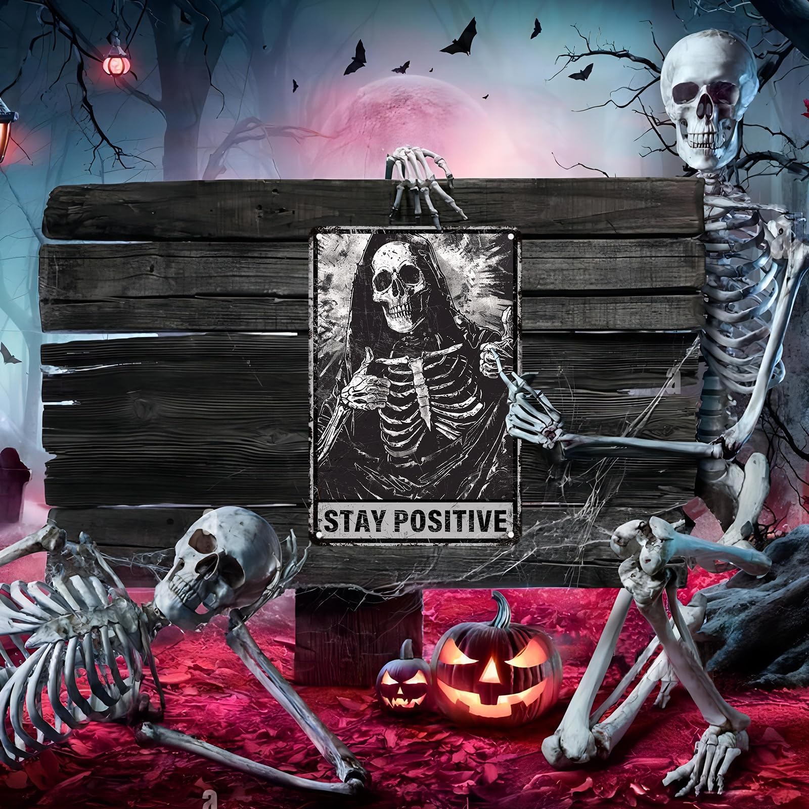 Stay Positive Skeleton Metal Sign - 8x12 Inch Gothic Halloween Wall Decor, Black & White Tin Sign