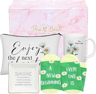Dingion 6 Pcs New Beginnings Box Gifts Going Away Gift for Women Farewell Gifts Daisy New Chapter Promotion Fun Crew Socks Mug Cosmetic Bag Jewelry Dish Best Wish Box for Coworker Employee Friend Mom