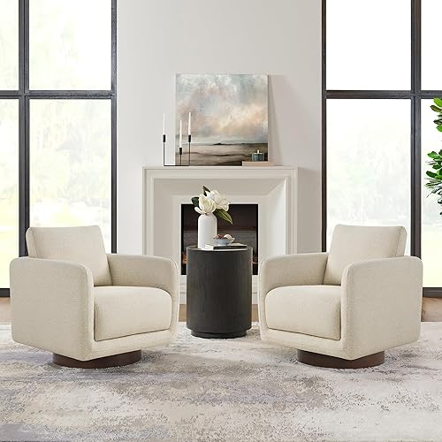 Modern Swivel Accent Chair, 360° Rotating Round Barrel Armchair with Performance Fabric Upholstery for Living Room, Bedroom, Office, Reading Nook, Set of 2,Oatmeal