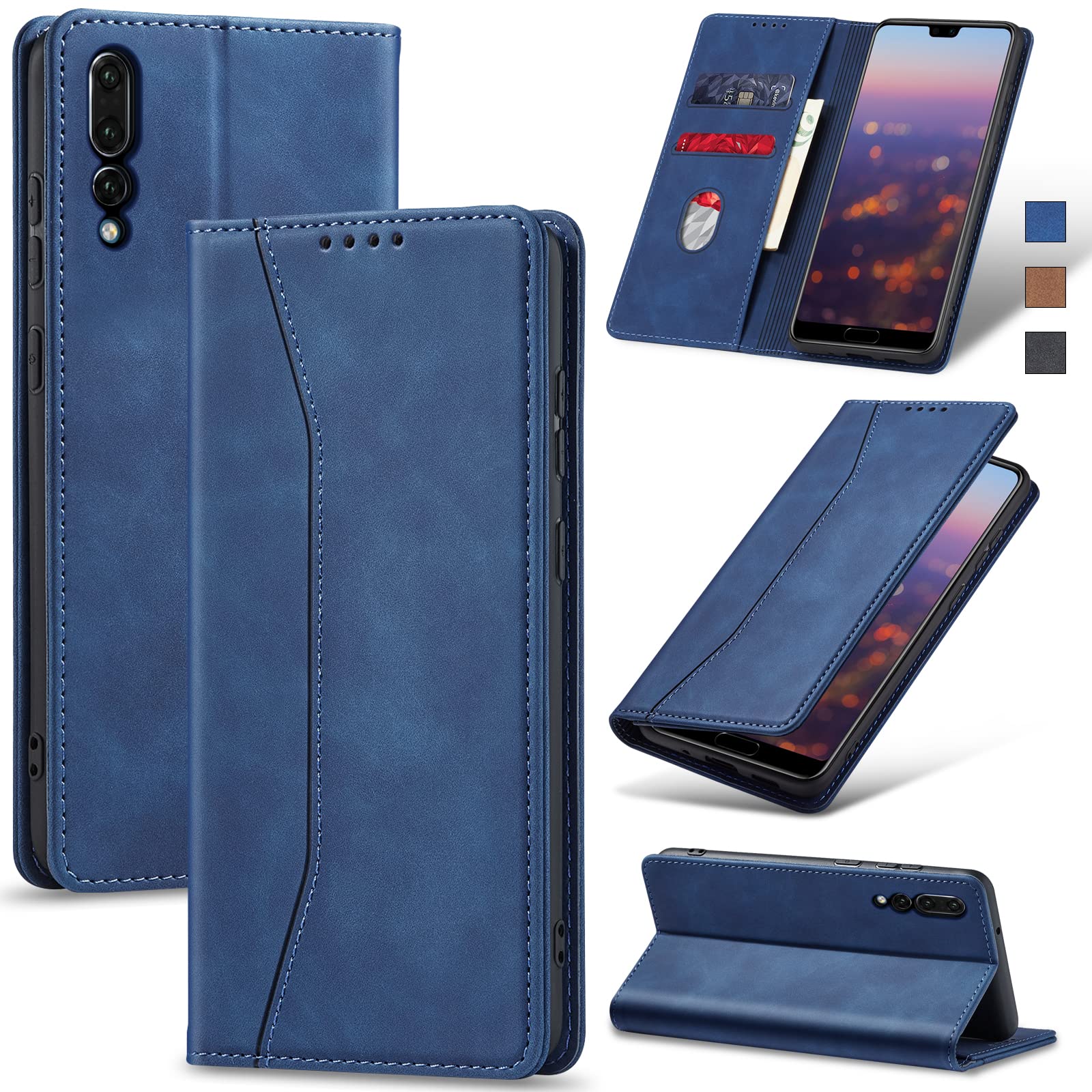 Cover Portafoglio Per Huawei P20 Pro – Custodia A Libro In Pelle Con Slot Carte E Supporto, Blu Verde