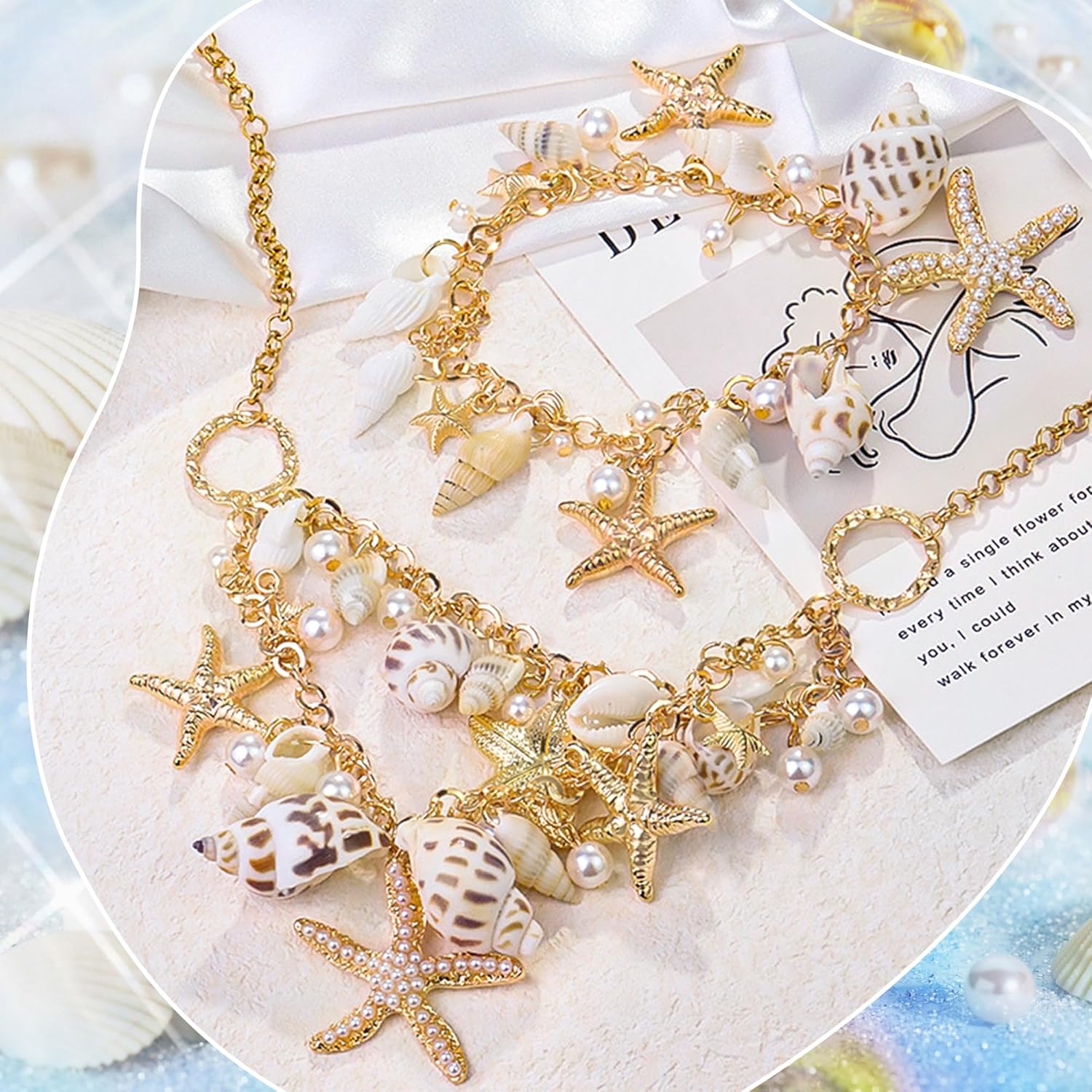 Women Mermaid Costume Jewelry Set, Mermaid Accessories with Starfish Seashell Necklace Bracelet Hair Clip Earrings - Image 4