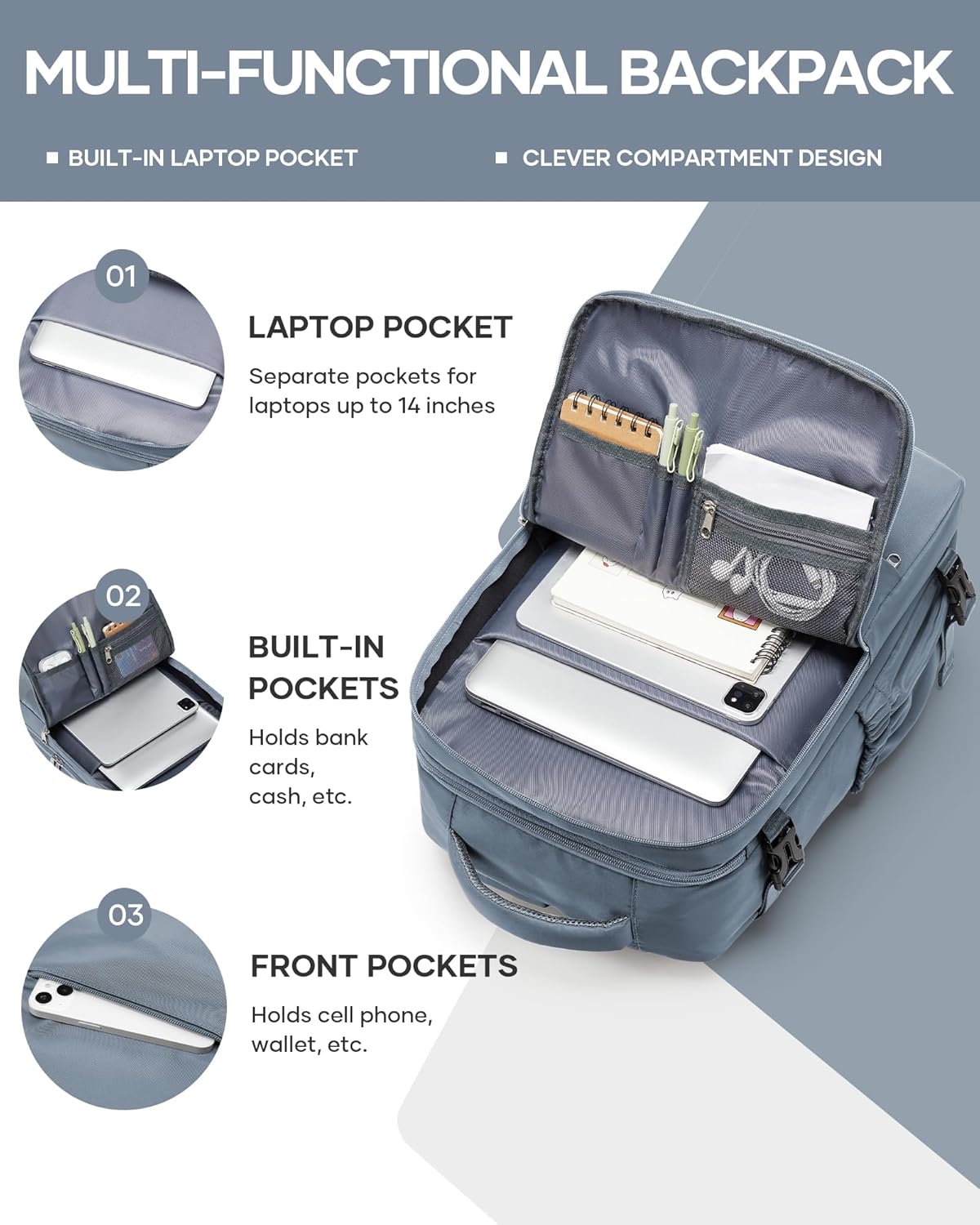 Travel Laptop Backpack For Women Men,Carry On Backpack,Airplane Travel Essentials For Women,Personal Item Travel Bag Laptop Work Backpacks,Grey Blue