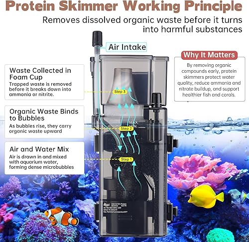 Miniatura 3 de AQQA Skimmer de proteína para acuario para tanque de peces de agua salada Nano Surface Skimmer Bomba de filtro 79GPH ultra silencioso para tanque de
