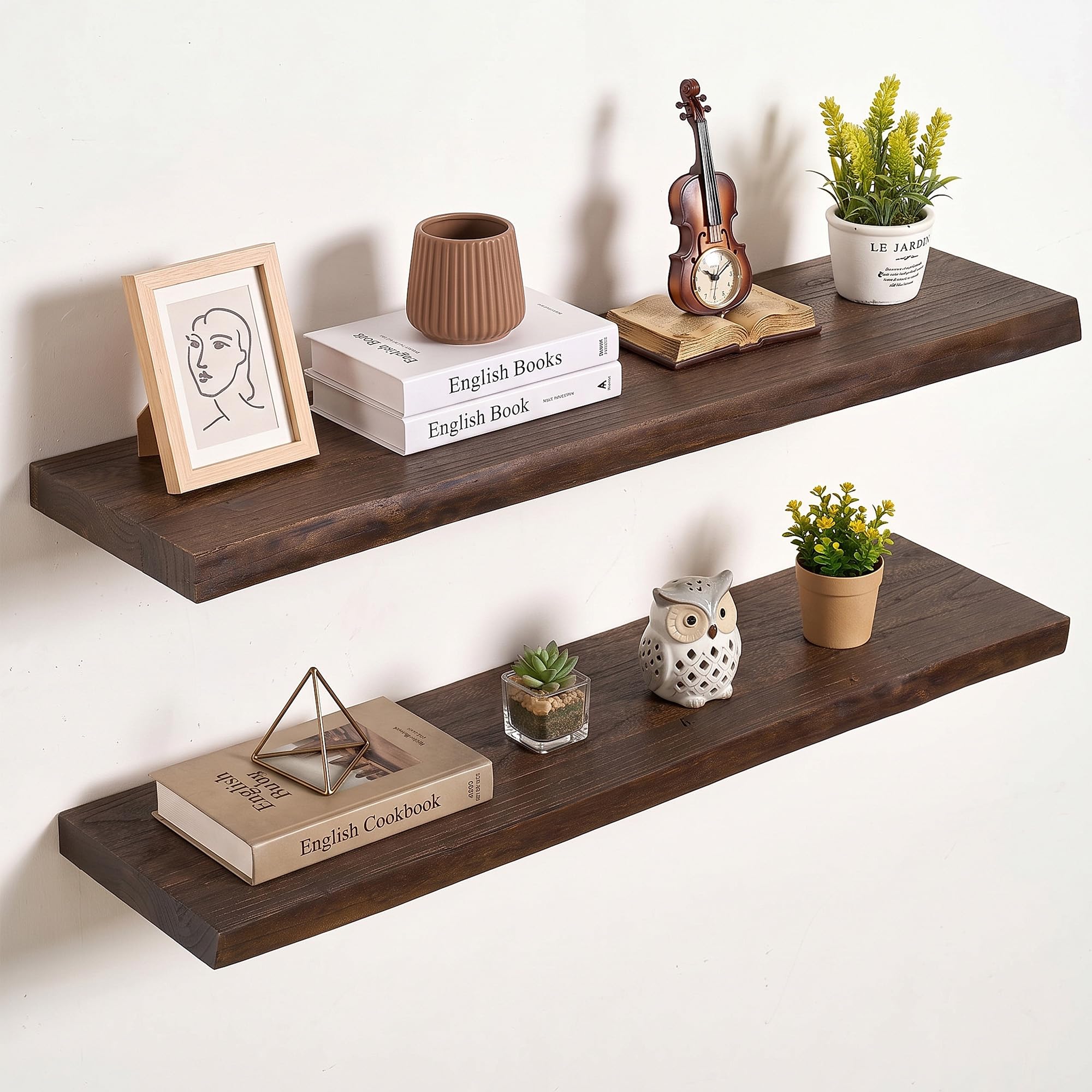 Vivelove Wood Floating Shelves Live Edge 36” Set of 2, Dark Walnut