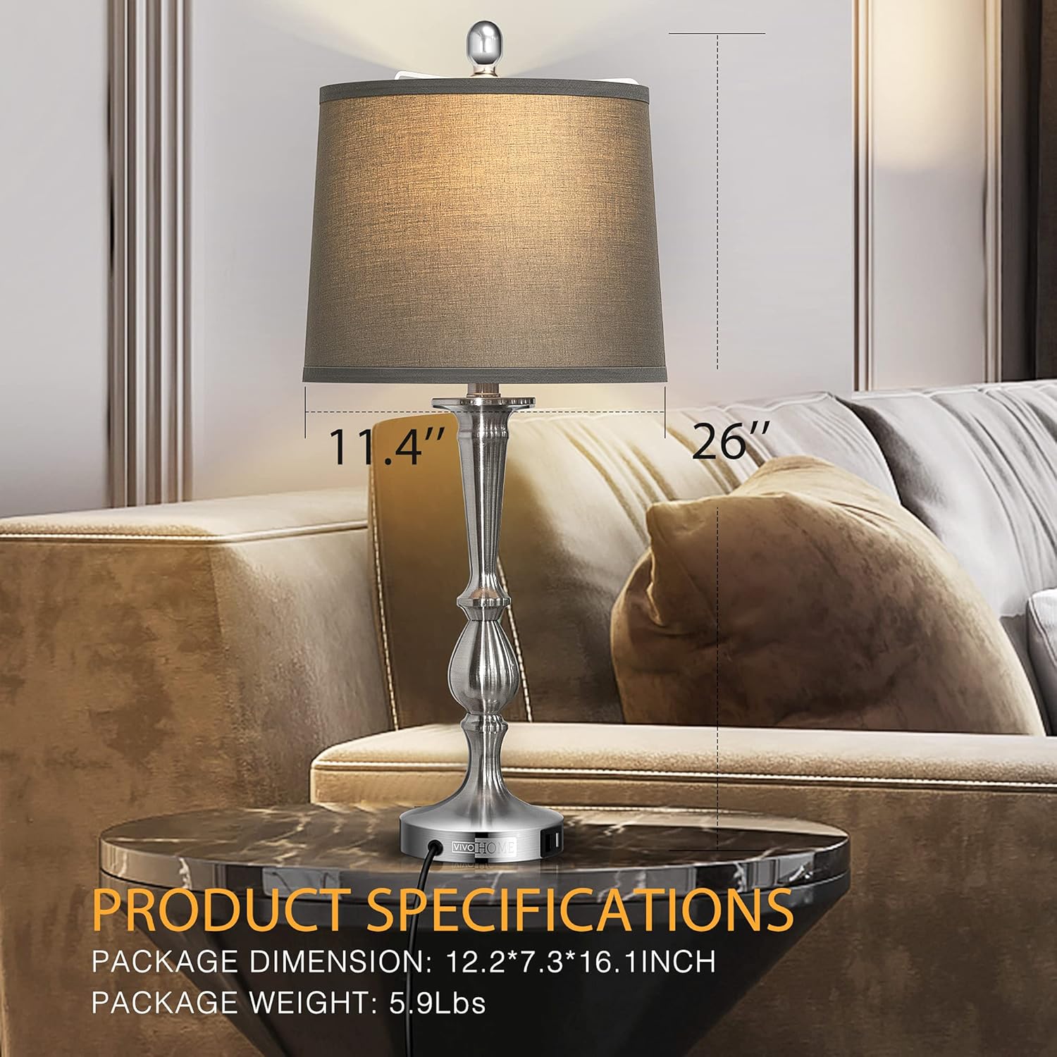 VIVOHOME 26" Bedside Table Lamp Set of 2 with USB Port Modern Style, 2 Switches Control, Suitable for Living Room Bedroom and Office, Gray - - 