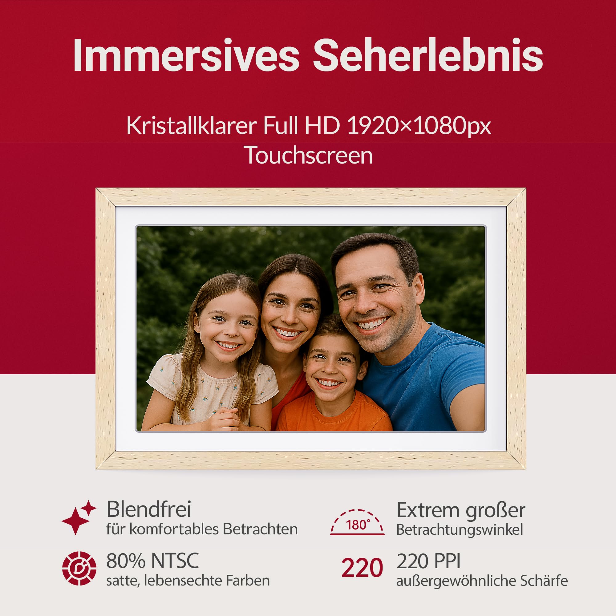 XORO 10,1 Zoll WiFi Digitale Bilderrahmen, 1920x1080 Full HD 1080P IPS Touch Display, 32GB Speicher, Automatische Rotation, Buchenholz, Teilen Sie Fotos sofort von überall aus
