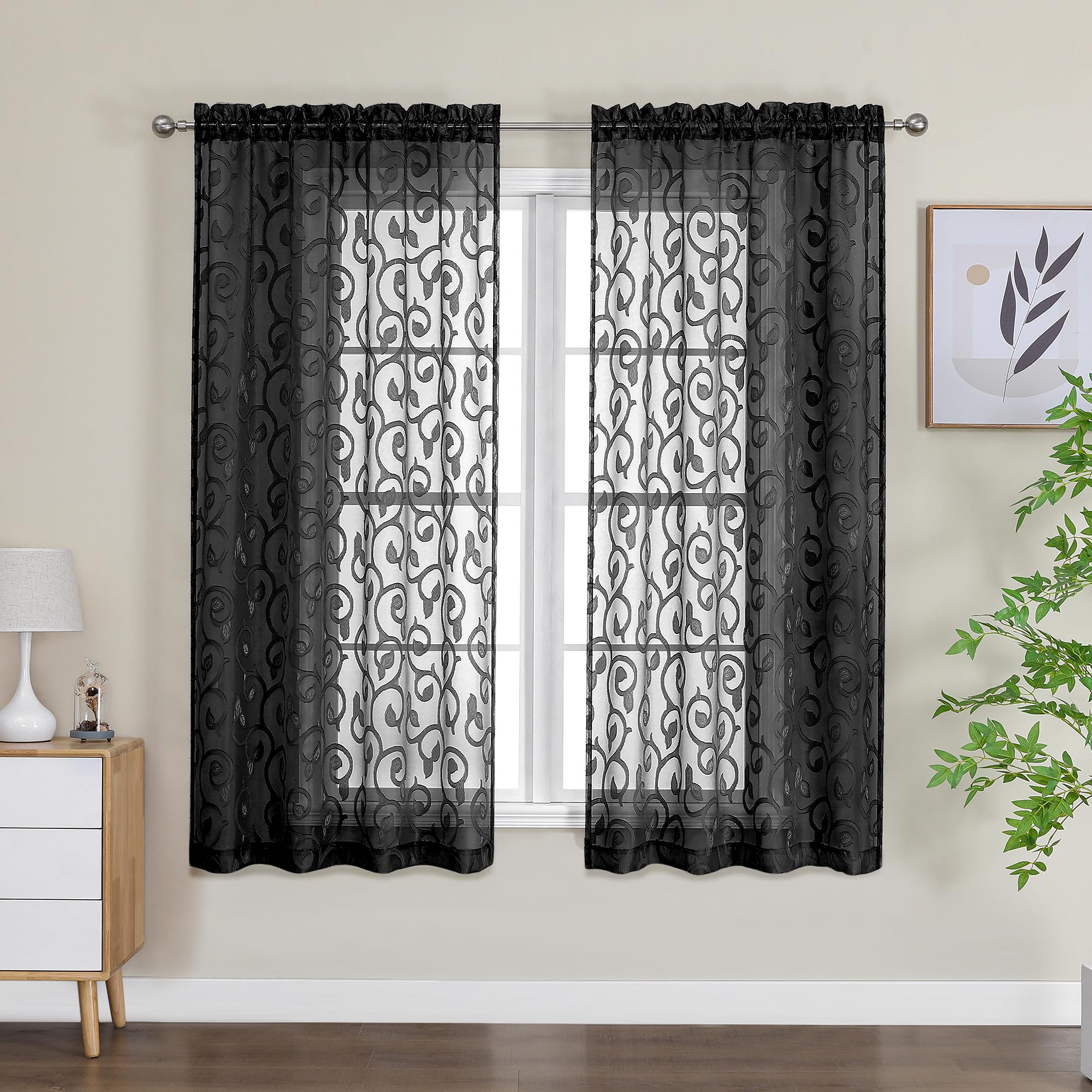 OWENIE Furman Sheer Curtains 63 inch Length for Bedroom Living Room 2 Panels Set, Jacquard Clip Textured Semi Sheer Black Curtain, Light Filtering Rod