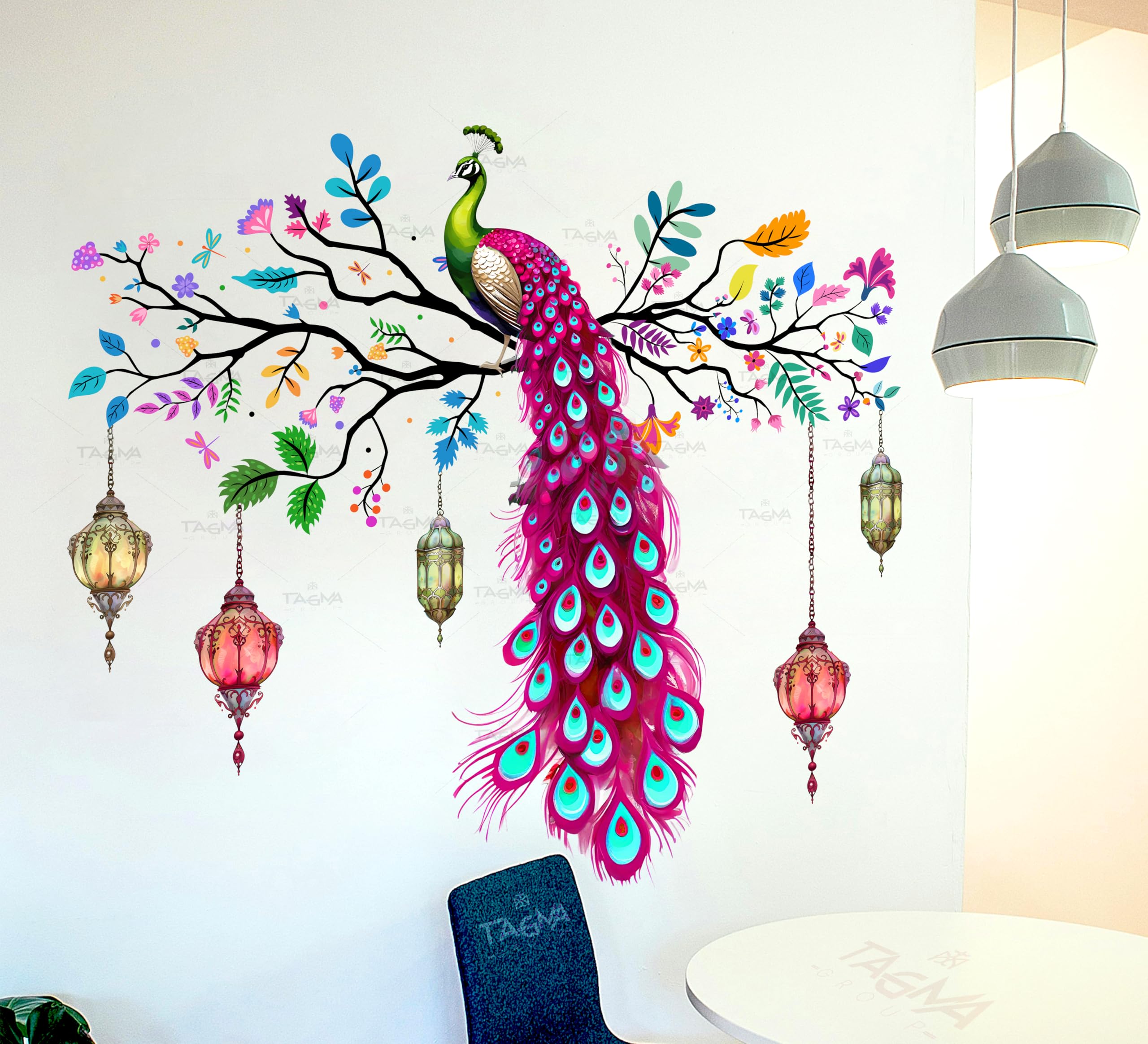 TAGMA GROUP Peacock Wall Sticker, Colourful Wall Art Decal with Hanging Lanterns, Decorative Sticker for Living Room, Multi-Colour