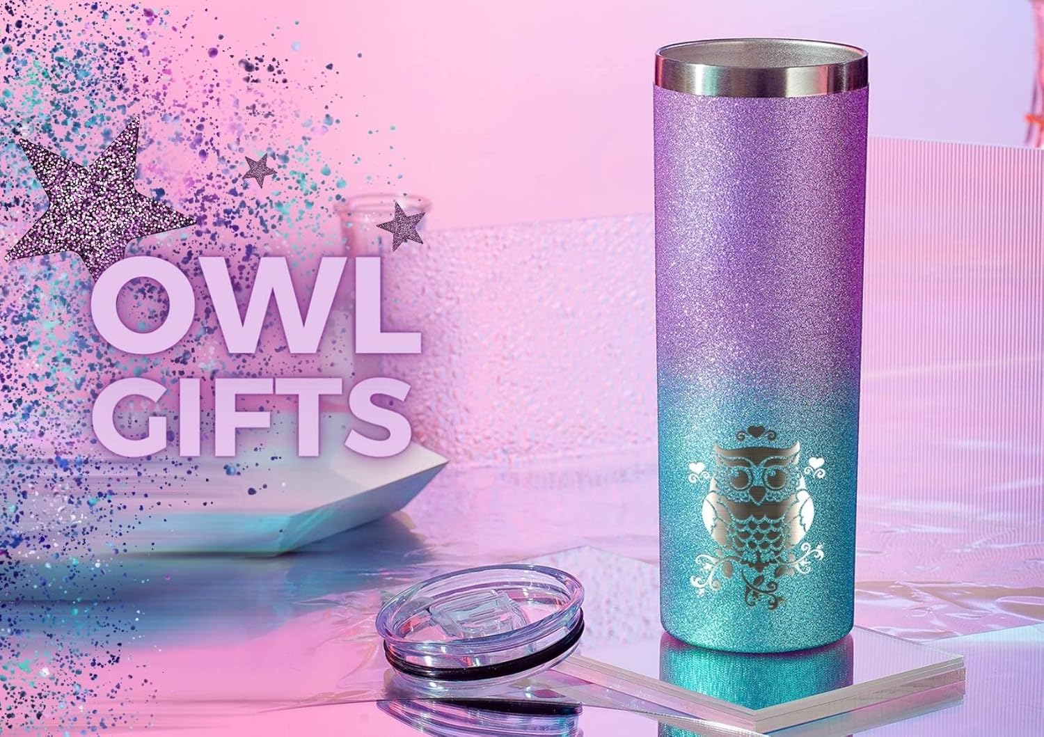 Onebttl Owl Gifts for Women - 20oz/590ml Stainless Steel Insulated Glitter Tumbler with Straw - Skinny Tumbler for Owl Lovers on Birthday, Xmas - (Purple-Blue Gradient) - Image 5