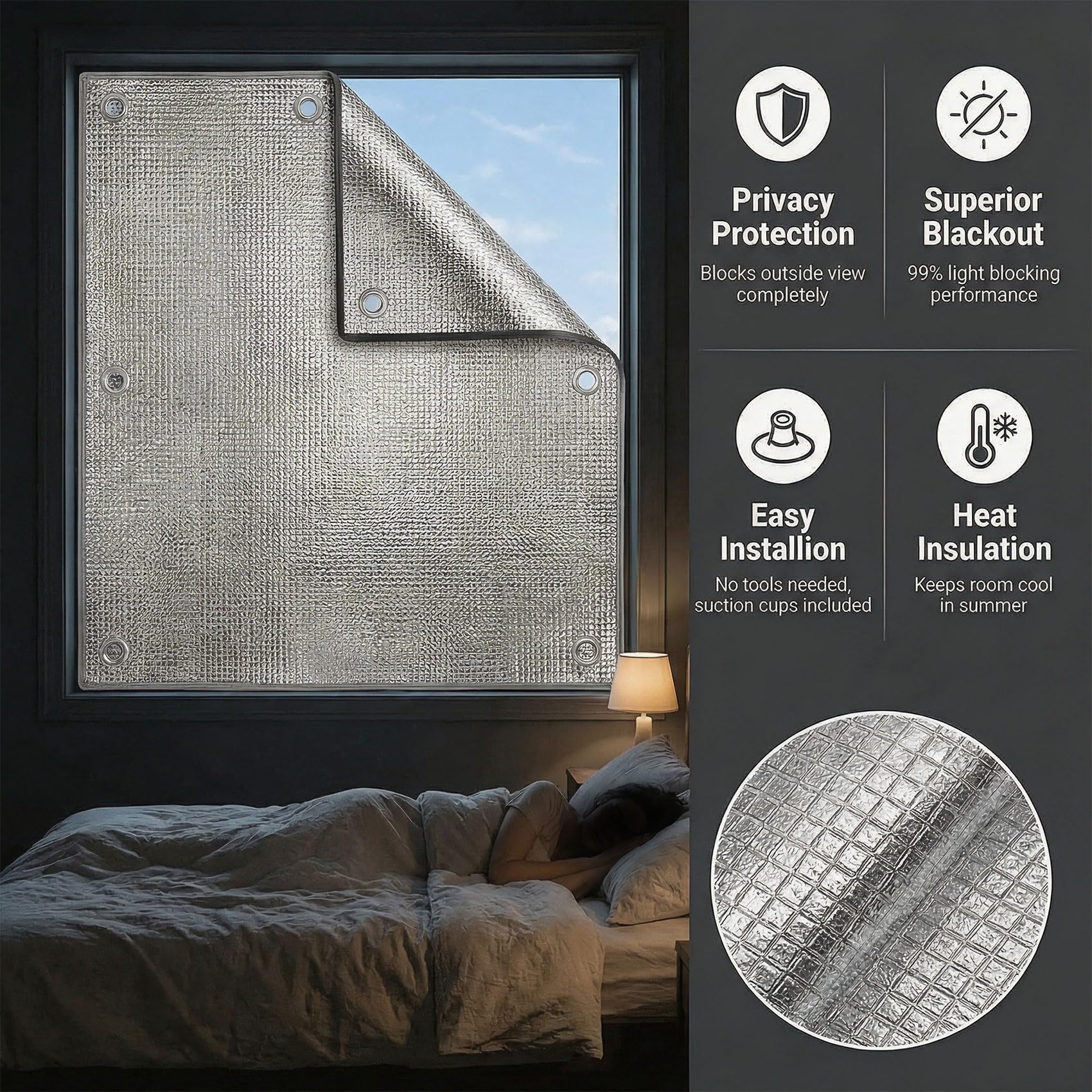 Sonnenschutzfolie Fenster Innen & Außen, Fenster Isolierung Folie Doppelseitige Aluminiumfolie, Verdunkelung für Dachfenster Heimbüro Wohnmobil, Wiederverwendbar