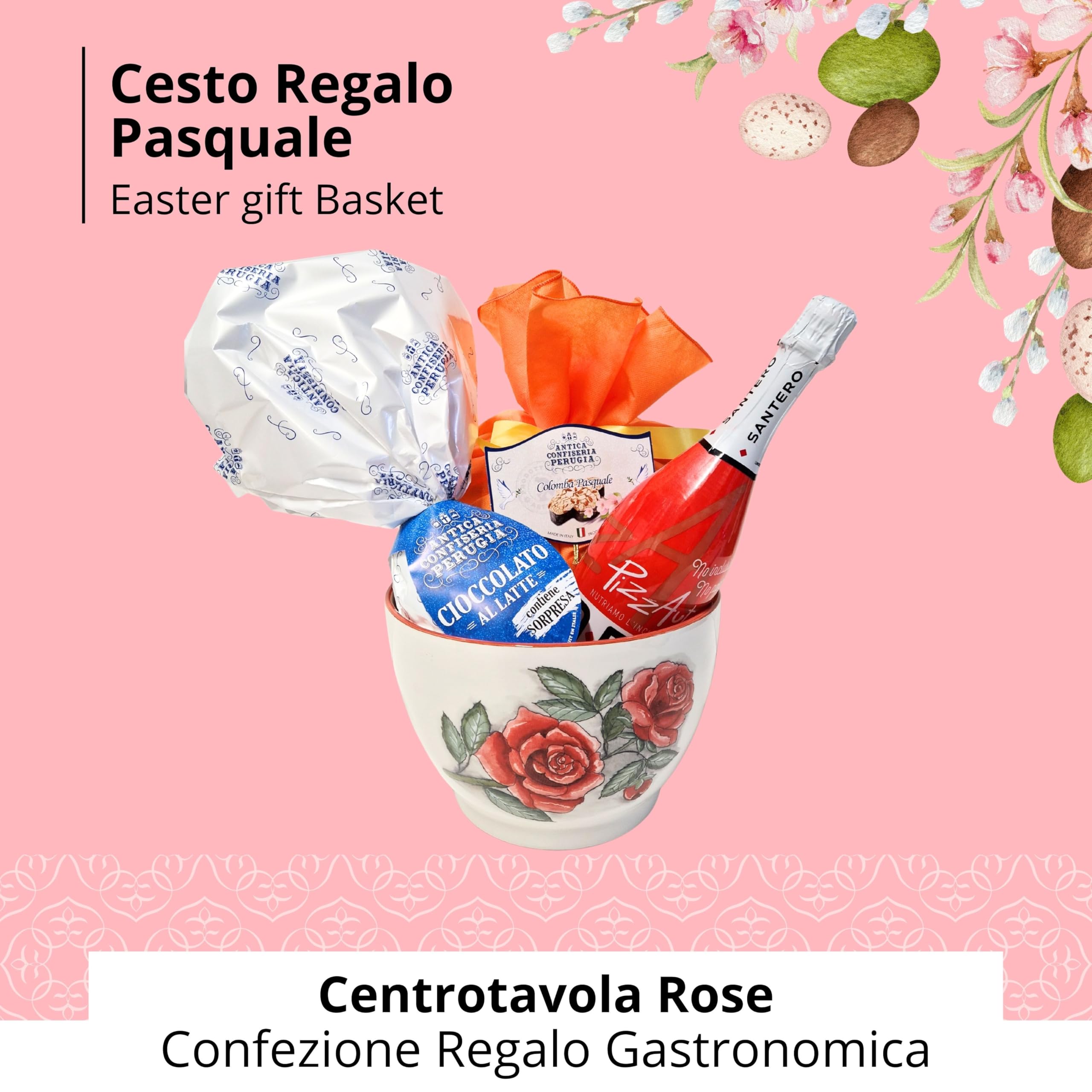 Speciale Italia – Centrotavola Rose Pasquale, Confezione Regalo con Colomba, Uovo di Pasqua e Spumante, Cesto Dolce in Ceramica Italiana Lavorata a Mano