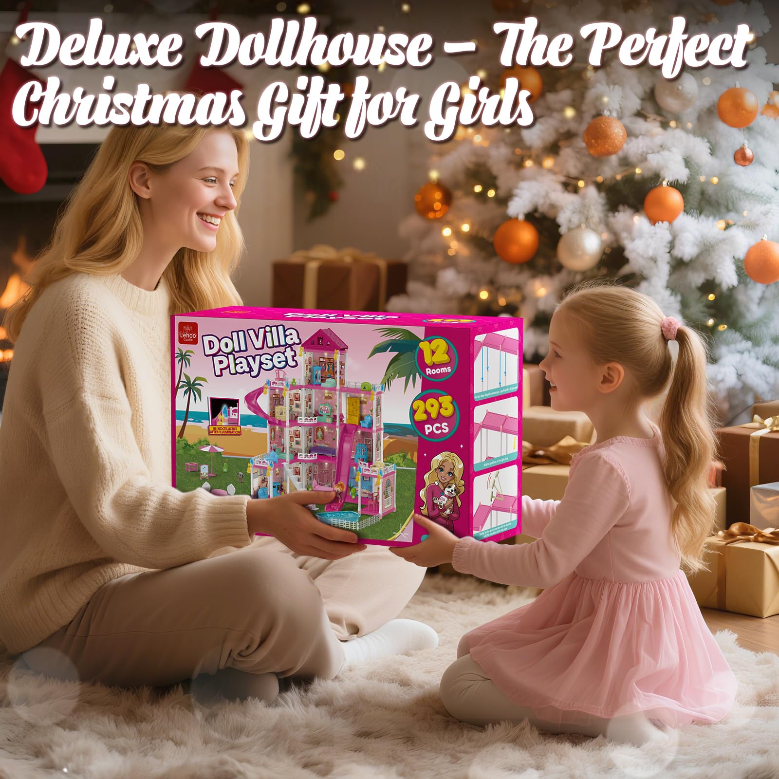 Lehoo Castle Doll House Dreamhome, 4-Story 12 Rooms Dollhouse Playhouse with Doll and Furniture, Pretend Dream Dollhouse Playset Pink Girl Toys, Sturdy Construction, Easy to Move, Ideal Gift Toy