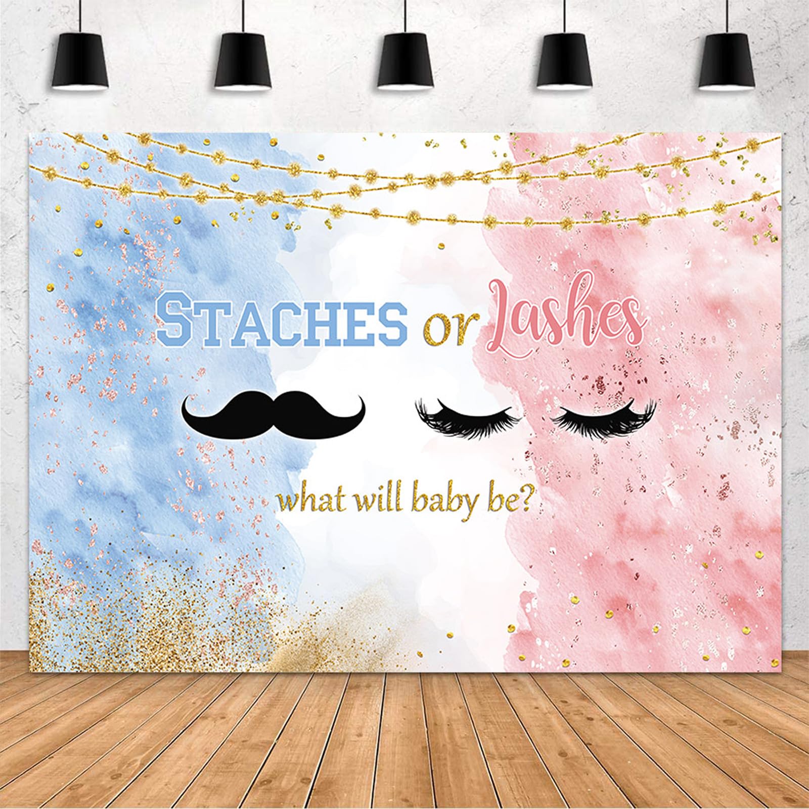 MEHOFOND 7x5ft Staches or Lashes Gender Reveal Backdrop Pink or Blue Mustaches or Lashes Watercolor Photography Background Boy or Girl He or She