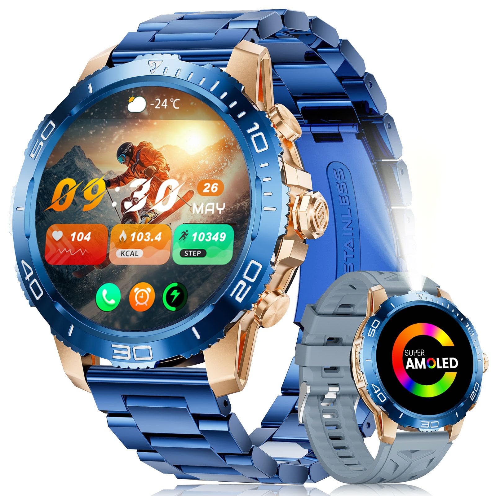 Montre Connectée Homme avec Poche/800mAh, 1,43" AMOLED Écran Luxe Smartwatch avec Appel Bluetooth, 200+ Sportmodi, IP68 Étanche, Fréquence Cardiaque, Moniteur de Sommeil pour iOS Android