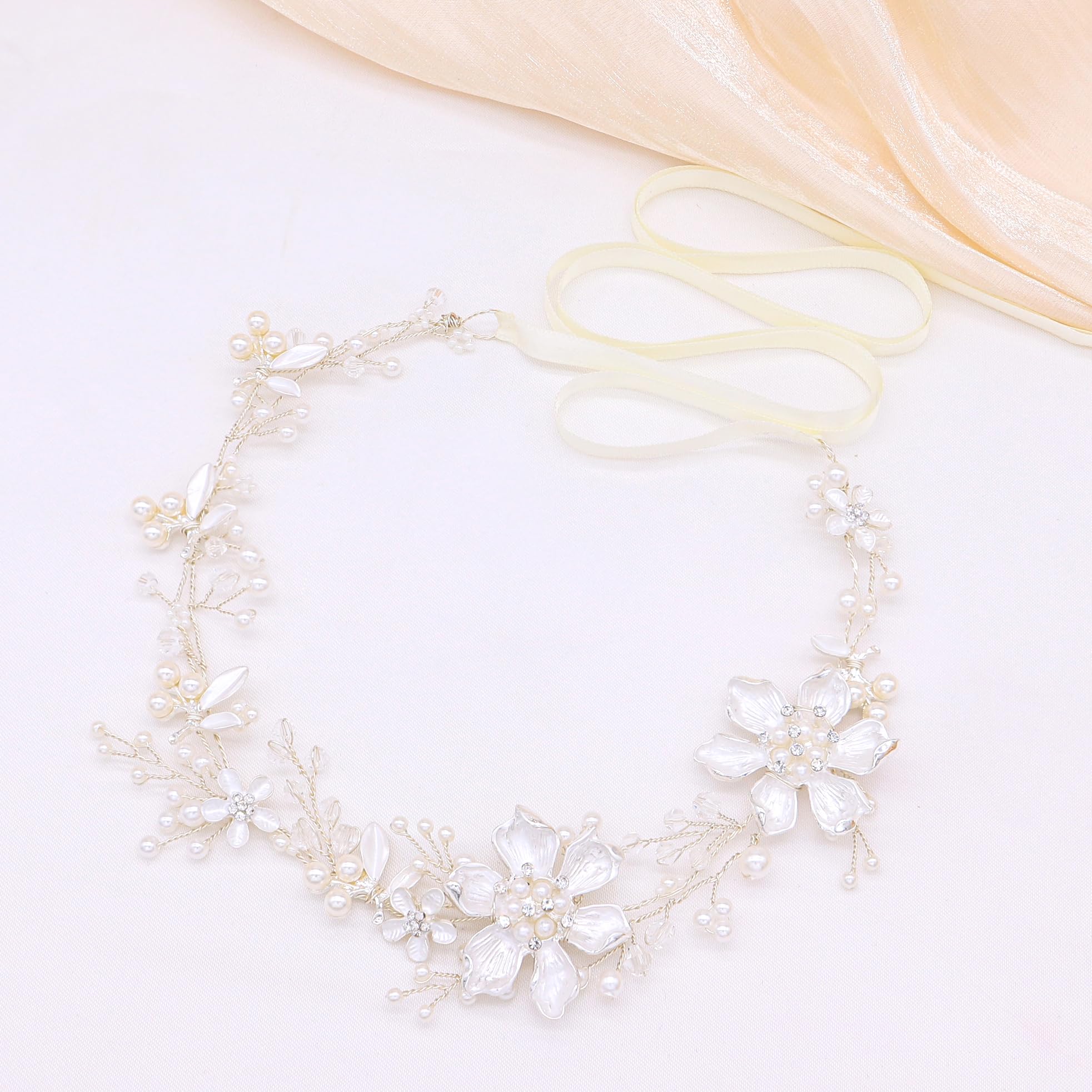 Oriamour Braut-Kopfschmuck Blumen-Design mit Perlen Hochzeit Stirnbänder Haar Reben für Bräute Frauen Mädchen Hochzeit Party (Silber)