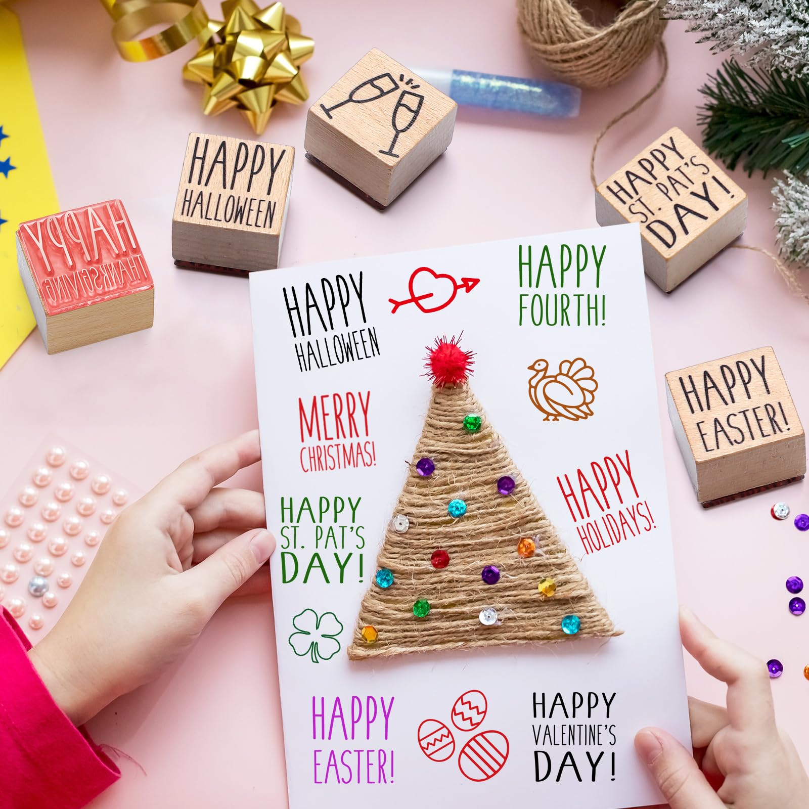 MotiMind Juego de 18 sellos de madera para todos los días festivos, sellos de goma de madera para hacer tarjetas, decoración y suministros de álbumes de recortes
