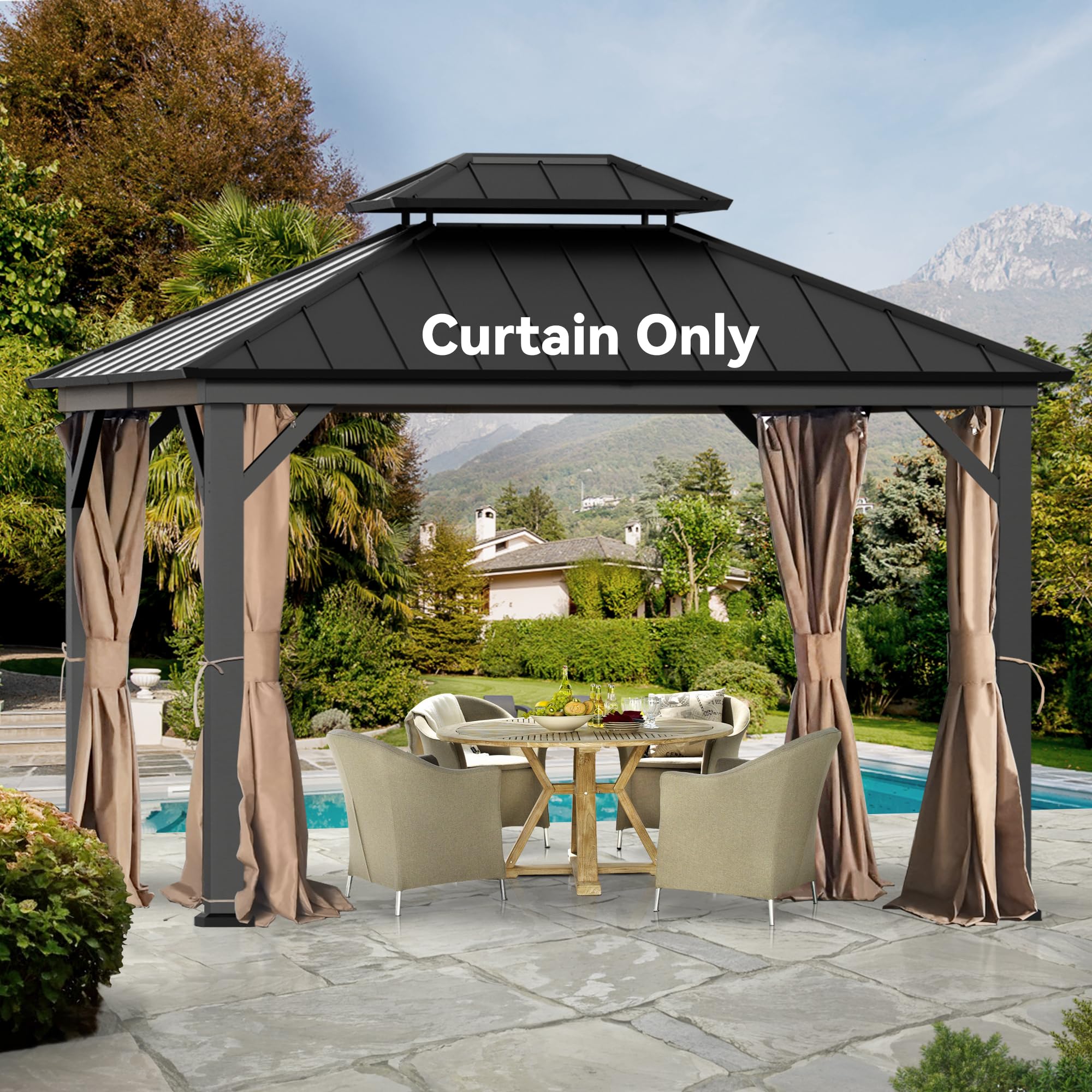 similar- Modern Shade Universal 11' x 13' Gazebo Curtain Replacement, 4-Panel Outdoor Privacy Curtains with Zipper, Compatible with Patio Canopy, Garden, and Backyard (Curtain Only)