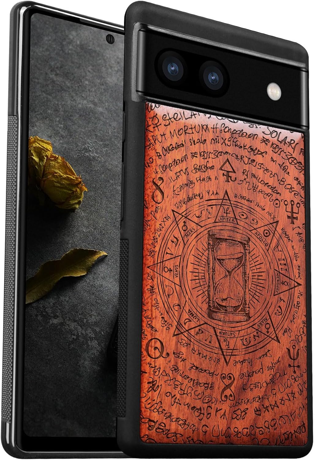 Carveit Wood Case for Pixel 6a Case [Natural Wood & Black Soft TPU] Shockproof Protective Unique & Classy Wooden Cover Compatible with Google Pixel 6a (Maya Totem-Walnut)