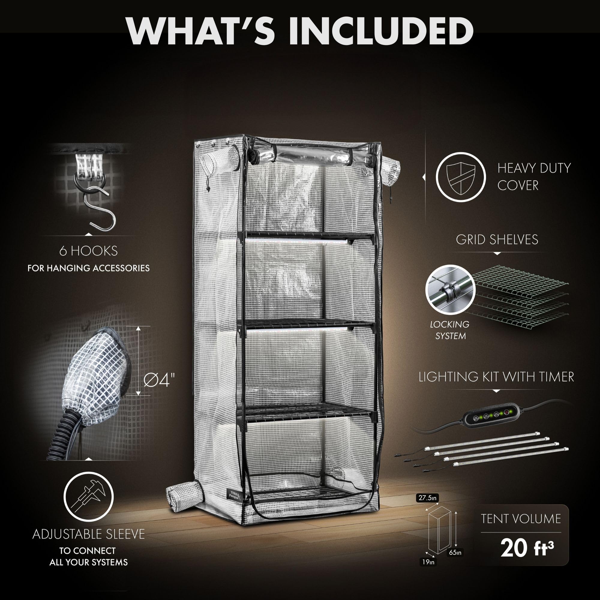 Tente de culture pour champignon avec lumière et minuterie, lampe de croissance à DEL 6500 K, aérations de 10,2 cm compatibles avec les accessoires, serre intérieure avec lampe de culture, tente