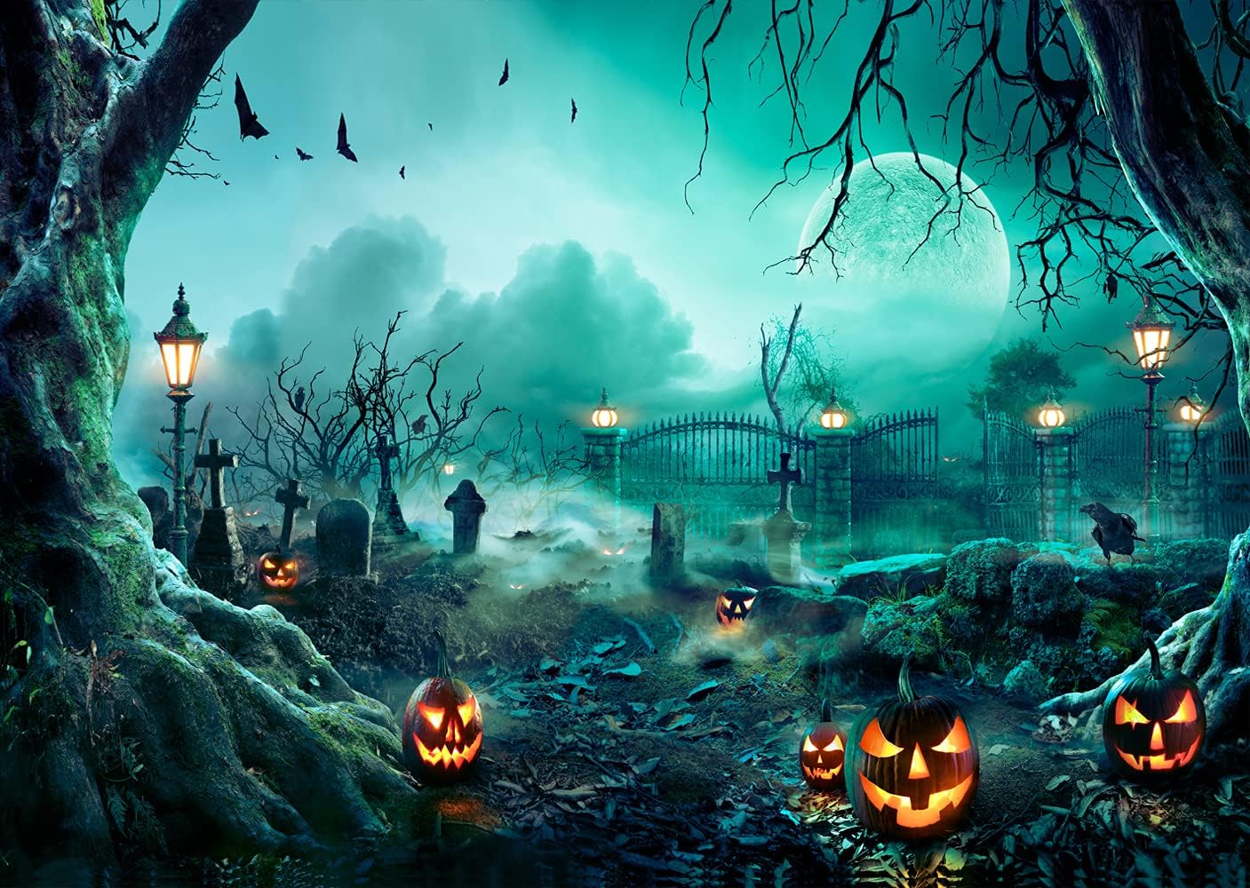 Halloween Cemetery Backdrop 10x8ft – Spooky Graveyard Scene for Photography