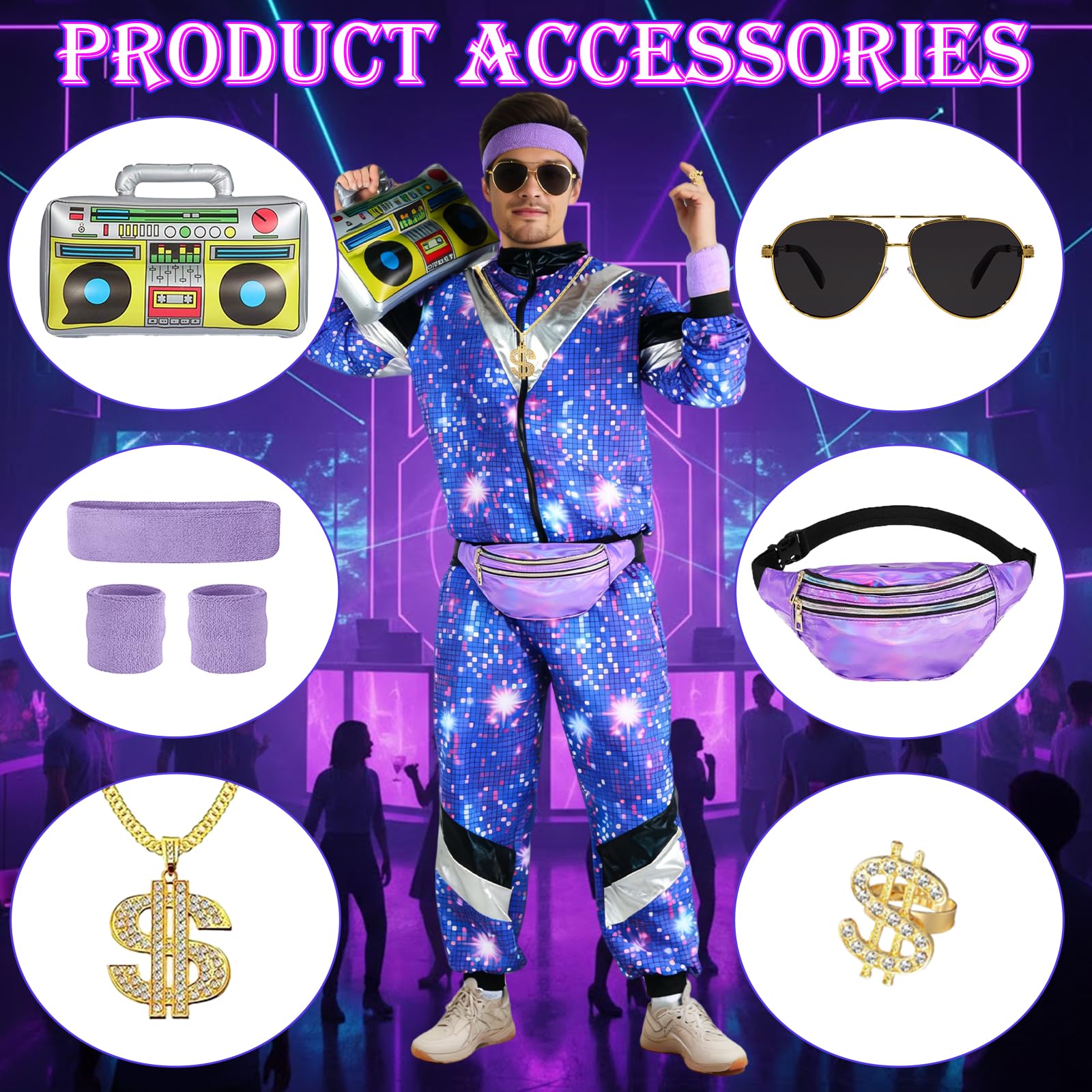Disfraces Años 80 Hombre Mujer, Disfraz Chándal años 80 con Chaqueta Pantalón Riñonera Gafas Piloto Diadema Muñequeras y Radio, Disfraz Años 90 80 Chándal Retro para Rockstar Carnaval Fiesta