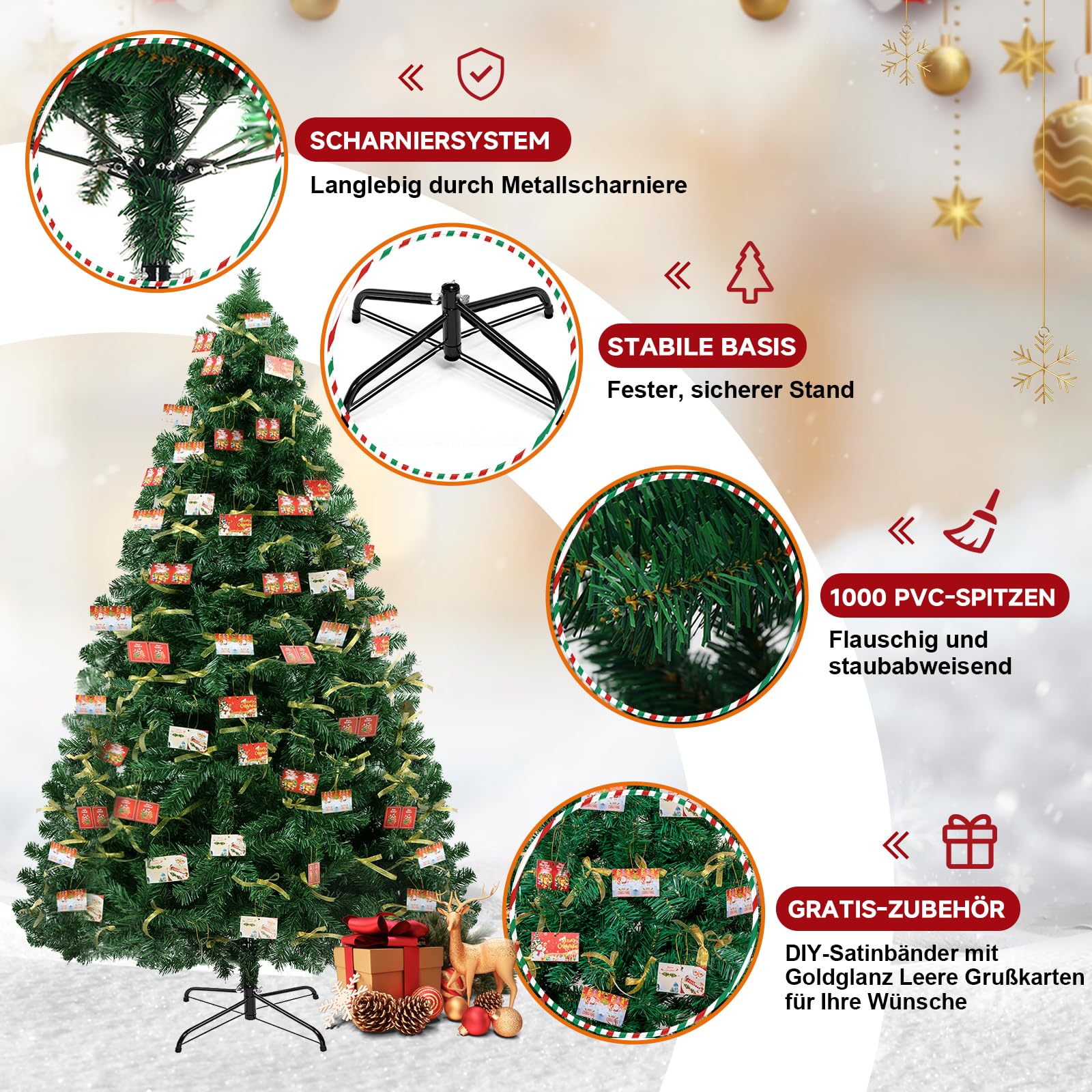 Künstlicher Weihnachtsbaum Weihnachtsdeko 195cm PVC Material mit 1000+ Spitzen Thickened Branches mit dekorativen Schleifen & Grußkarten, Stabiler Metallständer