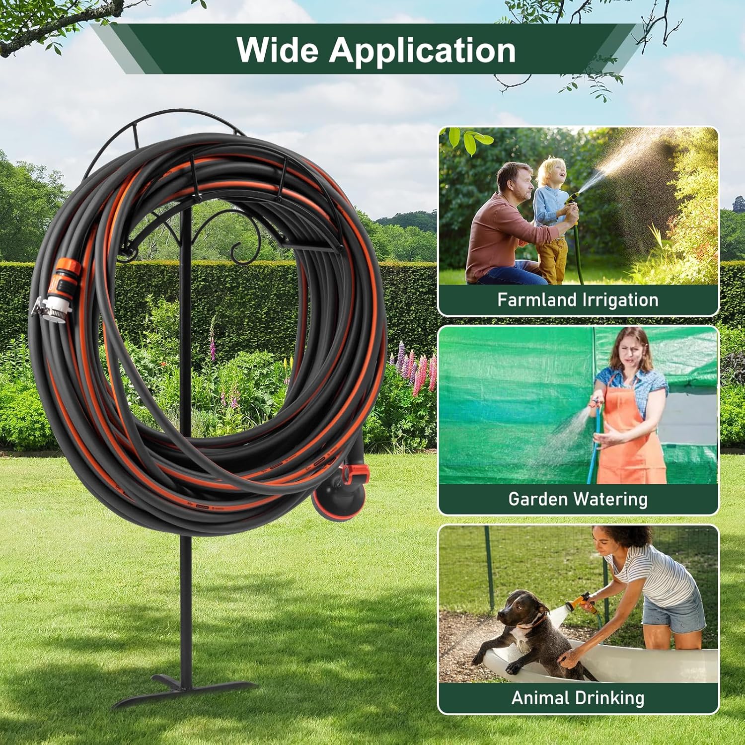 Freestanding Garden Hose Holder Stand – Heavy Duty Hose Hanger Stand, Outdoor Hose Organizer, Water Hose Stand Rack, Hose Butler Storage for Yard Lawn Garden（black）