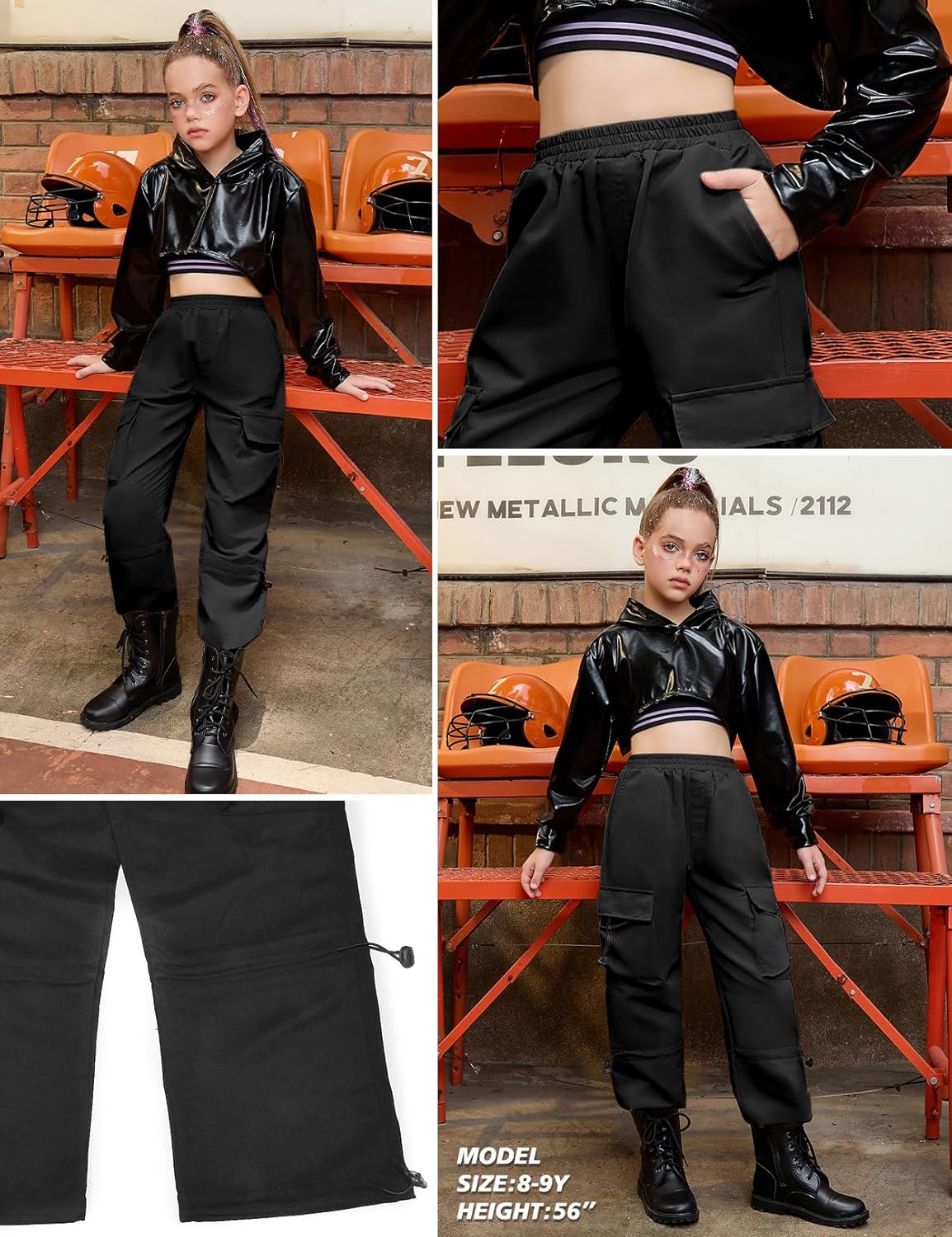 Perfashion Cargo Pants for Girls Hip Hop Dance Metallic Y2K Neon Drawstring Parachute Wide Leg Jogger 4-13Y - Image 4