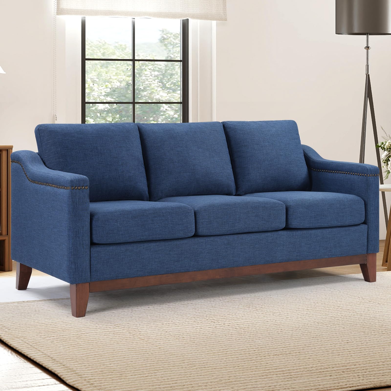 Classic 3-Seater Sofa with Nailhead Trim High-Density Foam Cushions Sturdy Solid Wood Legs Soft Fabric Couch for Living