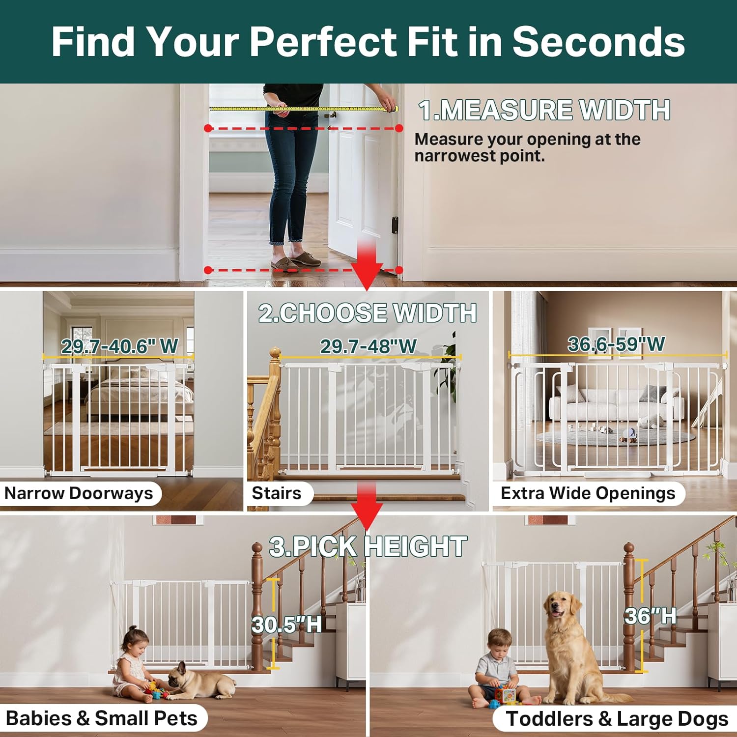 Cumbor 36.6-59 Extra Wide Baby Gate for Stairs, Pressure Mounted Dog Gate for Doorways, Auto-Close Easy Walk Through Safety Child Gate for Kids Toddler, Tall Pet Gates Indoor, White