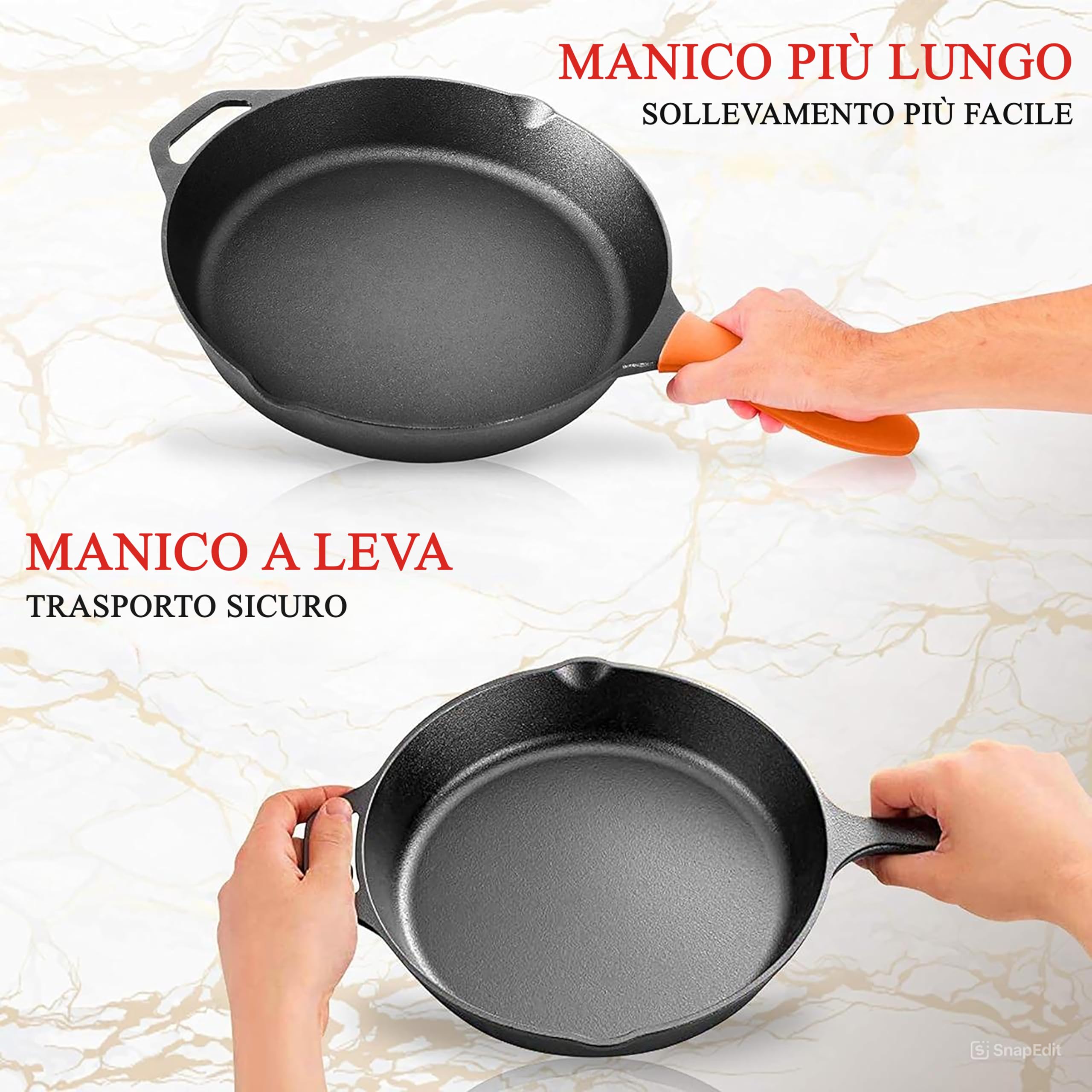 NutriChef Padelle in Ghisa Pre-Condite 25 e 30 Centimetri, Antiaderenti, Manico in Silicone Anti-Scottatura, per Forno, Griglia e Tutti i Piani Cottura