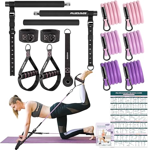 Kit de barra de pilates con bandas de resistencia, barra de pilates de 3 secciones con escala transparente y hebilla de metal ajustable, mosquetón