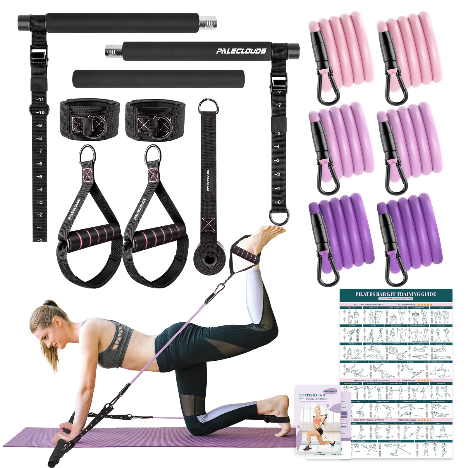 LEXIL Portable Pilates Bar Exercise Kit - Stackable 3 Pairs Resistance Bands (15, 20, 30 lbs Home Gym Equipment for Men and Women, Workout Kit for Body Toning, with Fitness Video (Purple