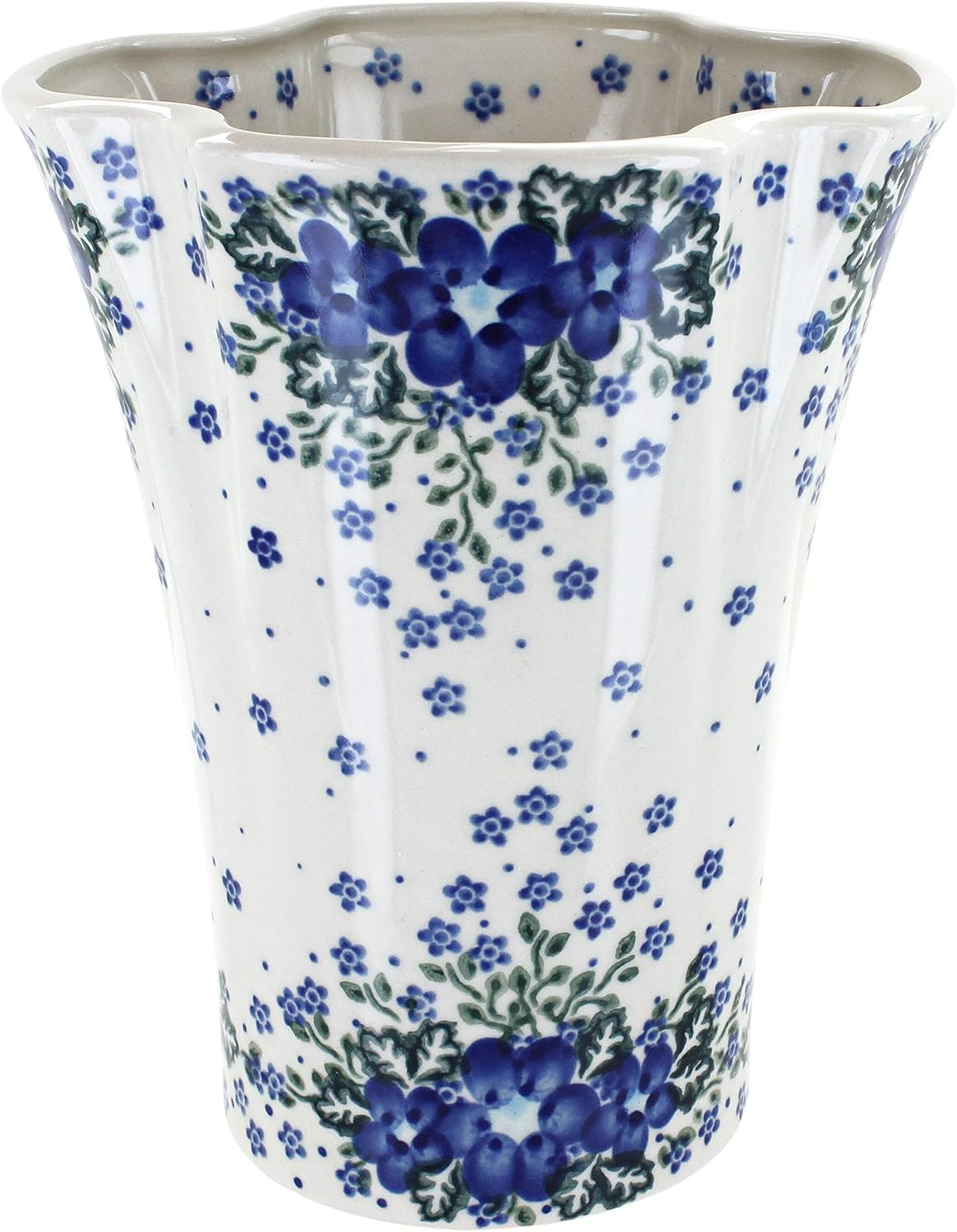 Blue Rose Polish Pottery - Blue Spring Blossom Vase - 8" Tall - Ceramic Flower Vase for Table, Shelf or Mantel Décor