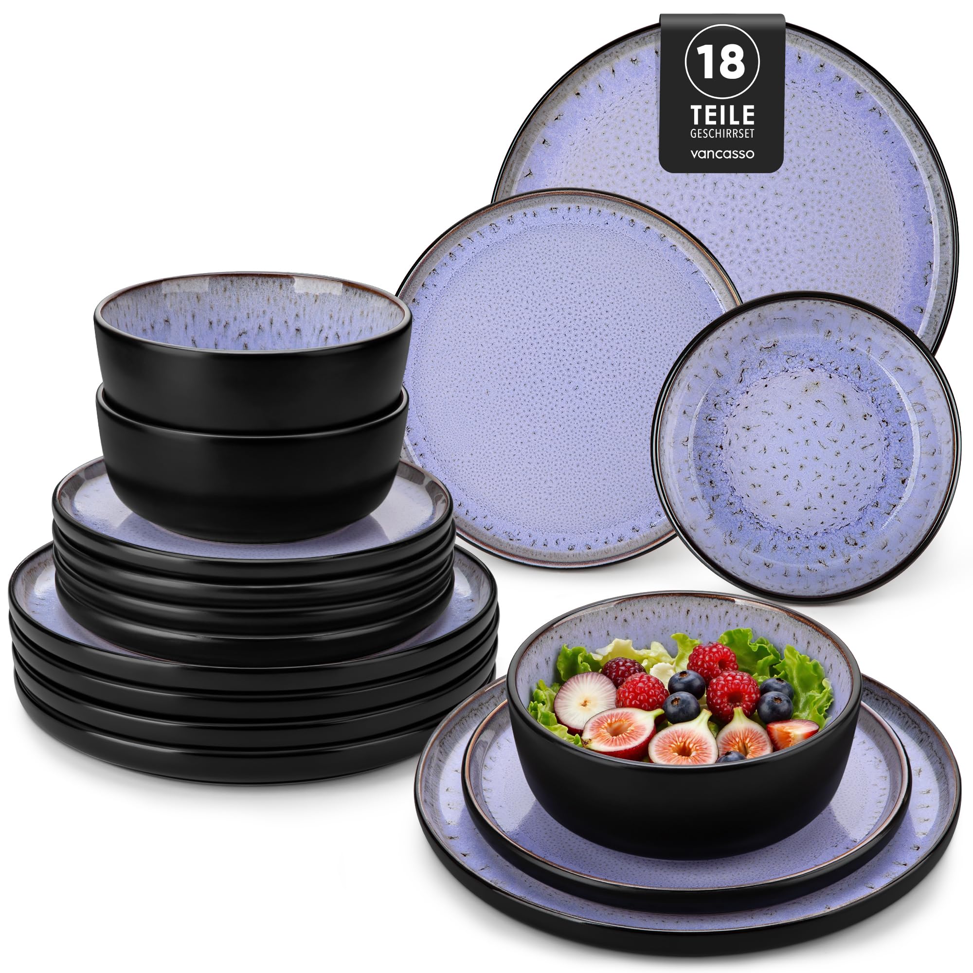 Geschirrset 6 Personen, vancasso AMBER Steingut Geschirr Set Handmade, Teller Set 6 Pers 18tlg, Tafelservice mit Speiseteller, Dessertteller, Schüssel, Reaktive Glasur, Spülmaschinenfest, Abendviolett