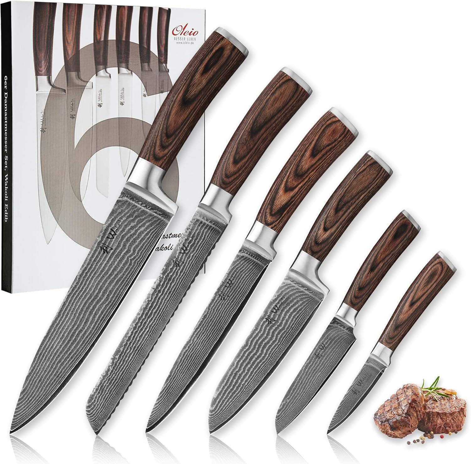 Wakoli EDIB 6-Piece Damascus Knife Set – Professional Chef Knives Set with VG10 Core Blades, 67-Layer Damascus Steel and Ergonomic Pakkawood Handles – Premium Kitchen Knives in Elegant Gift Box